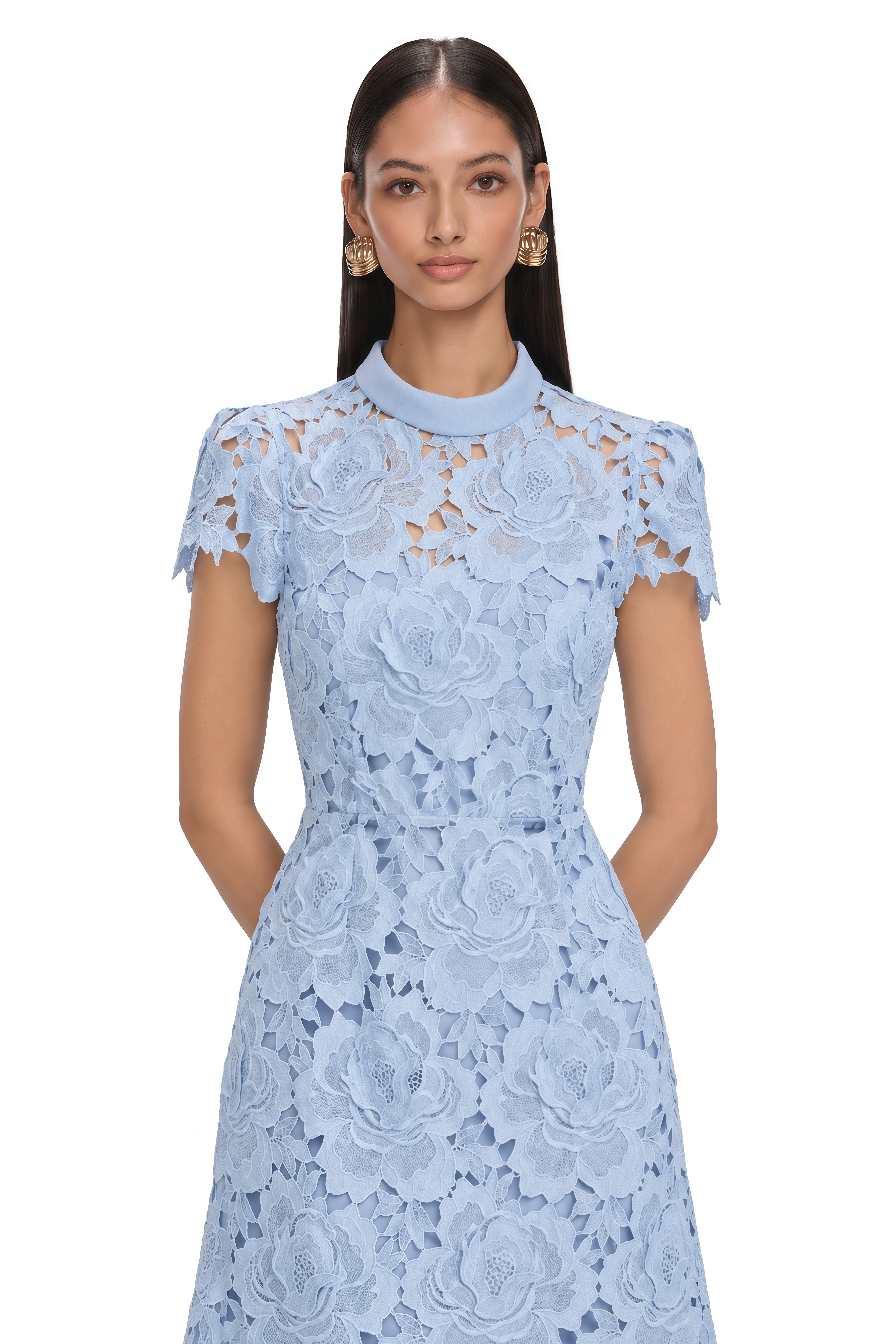 Aurore Blue Floral Appliqué Lace Midi Dress