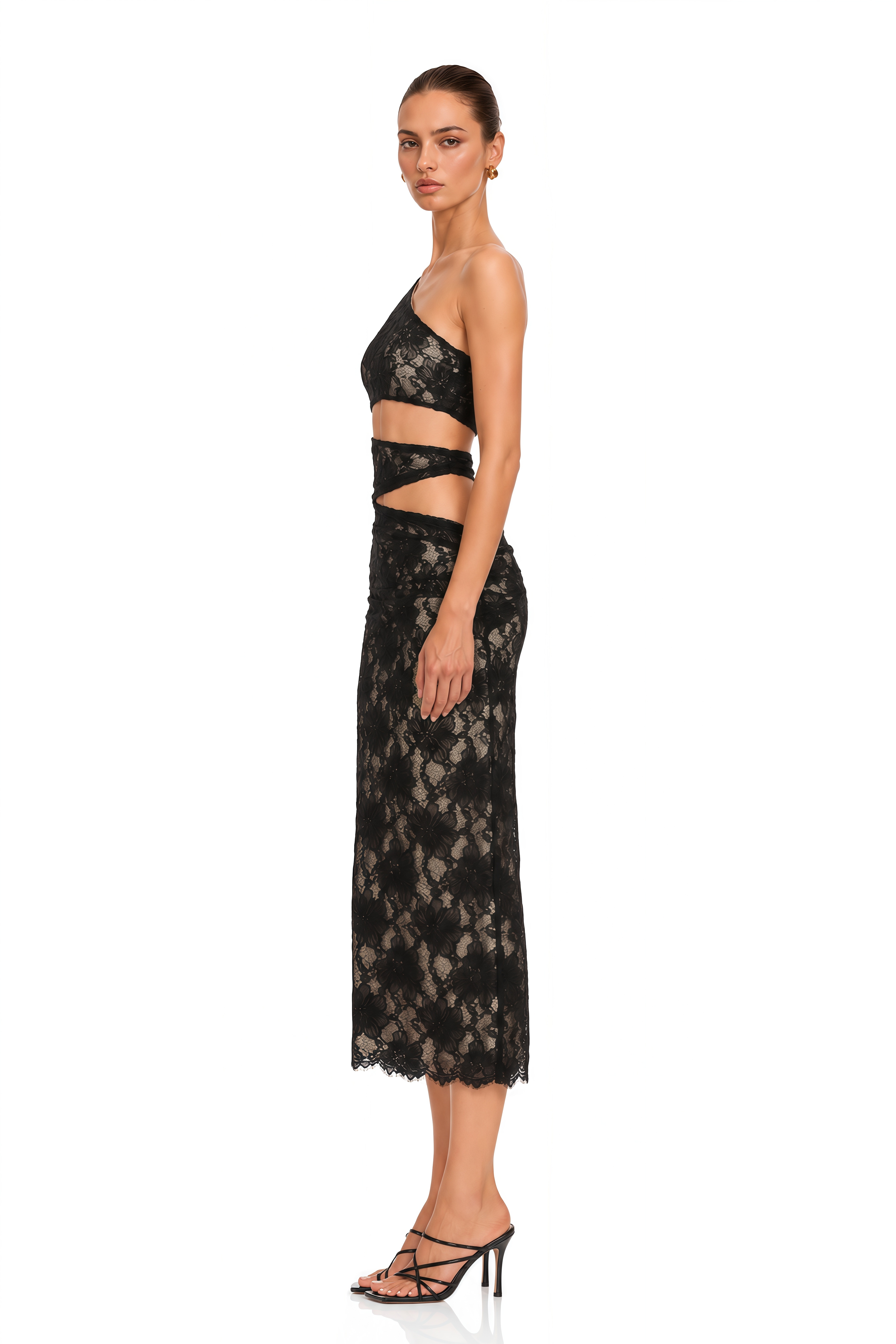Bianca Black Cut Out Floral Lace Midi Dress