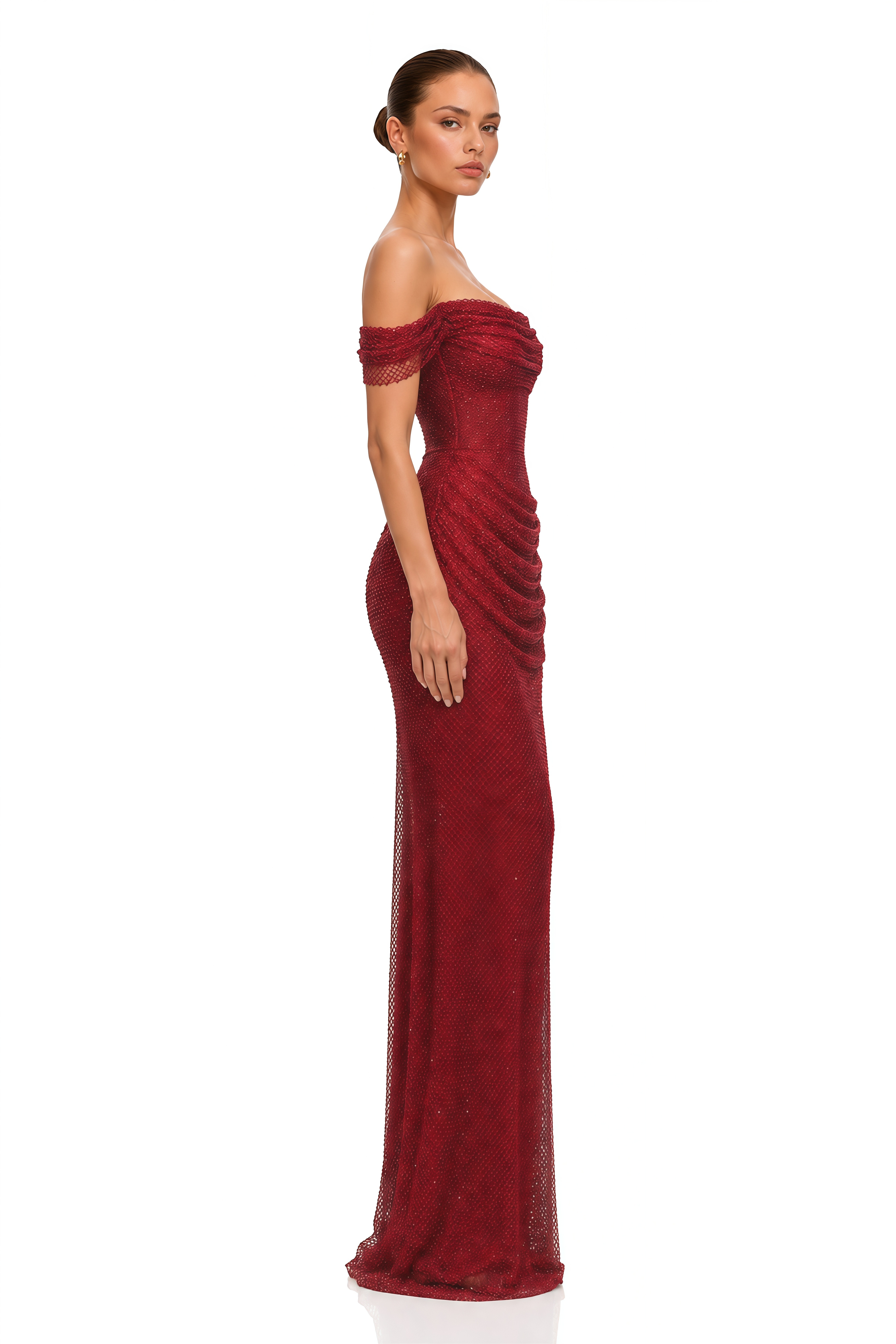 Scarlet Red Off-Shoulder Rhinestone Evening Gown