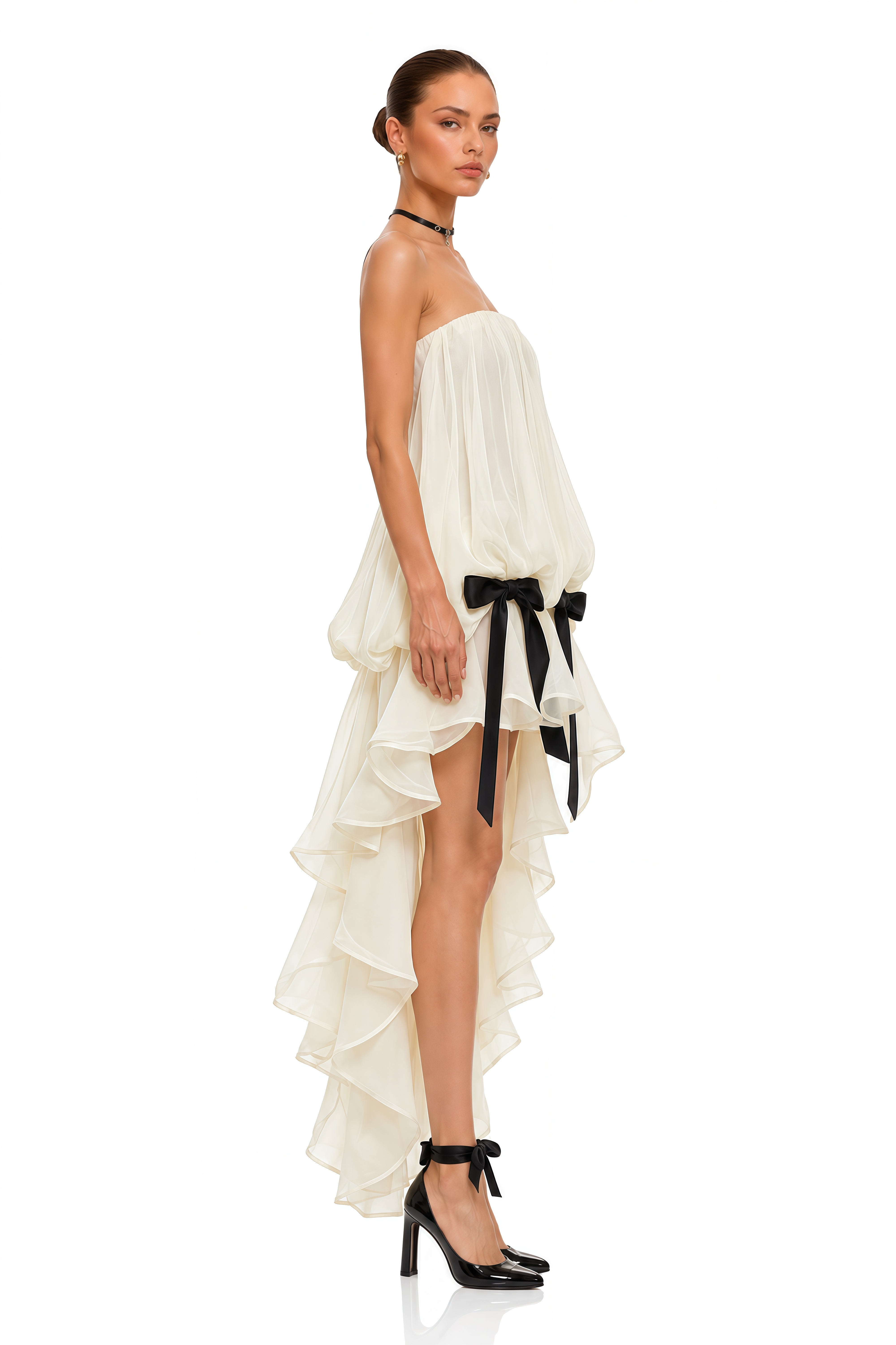 Rosario White Ruched Mini Dress with Bow