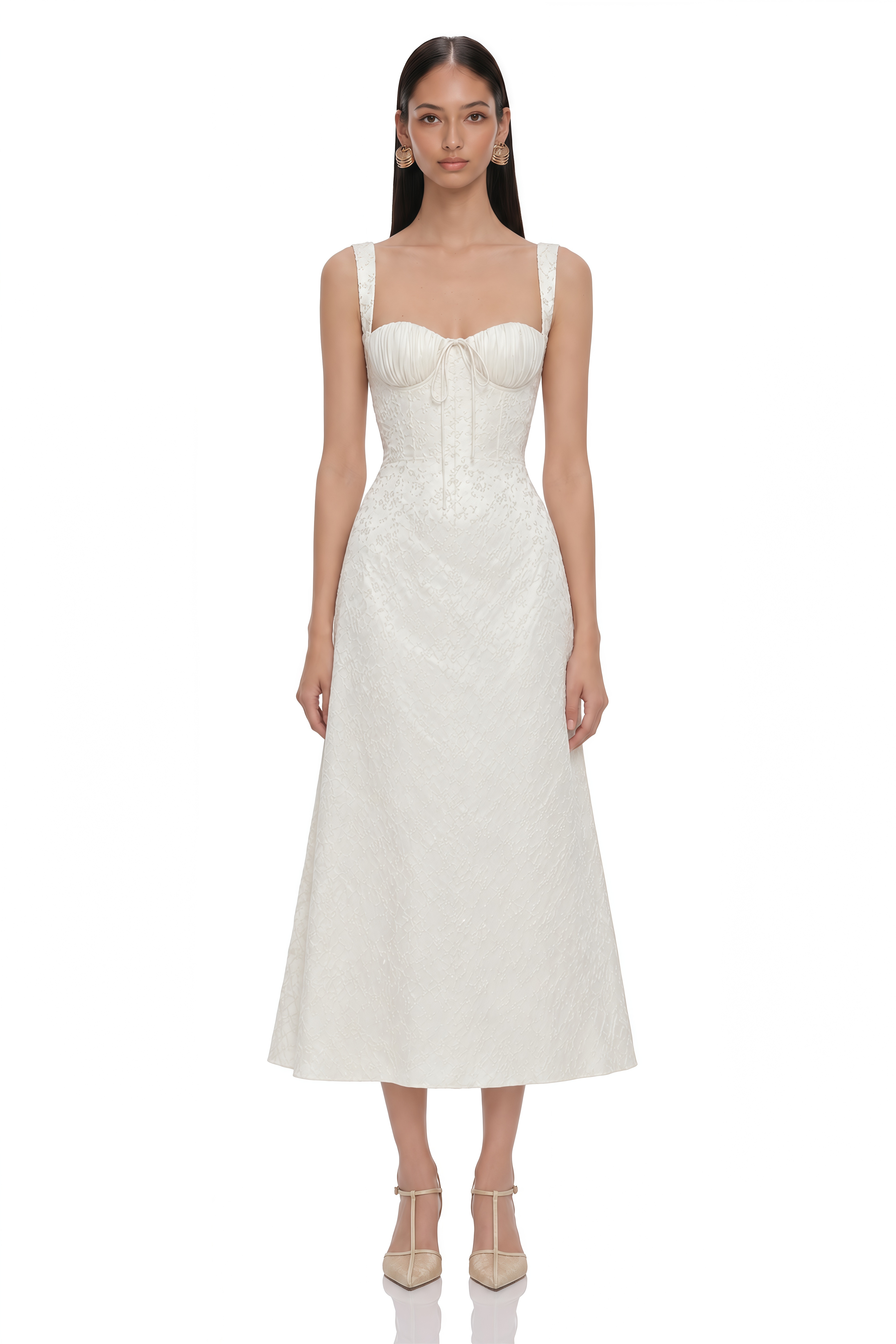 Greta Ivory Sweetheart Embroidered Midi Dress