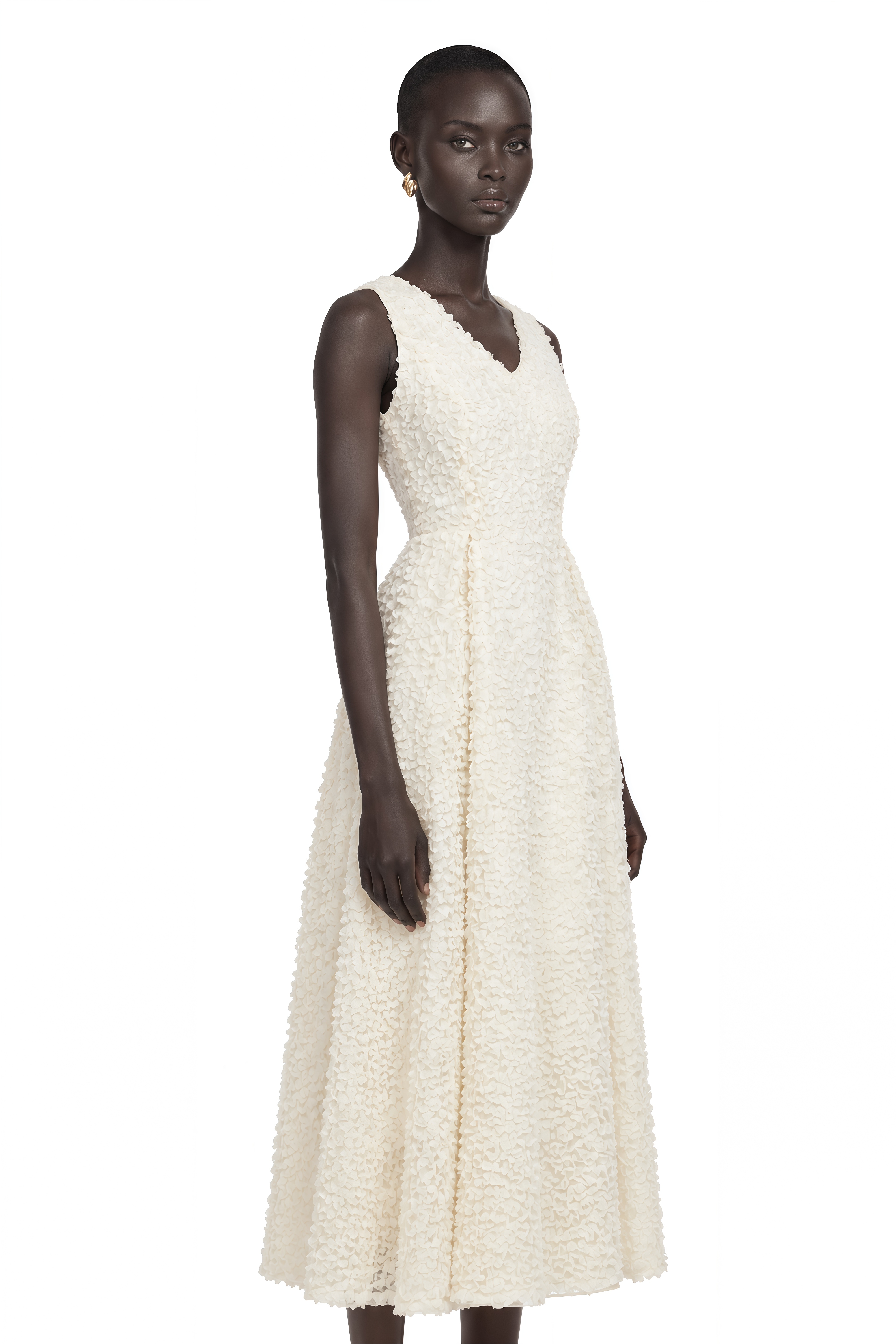 Luciana White Sleeveless Midi Dress with Fitted Bodice