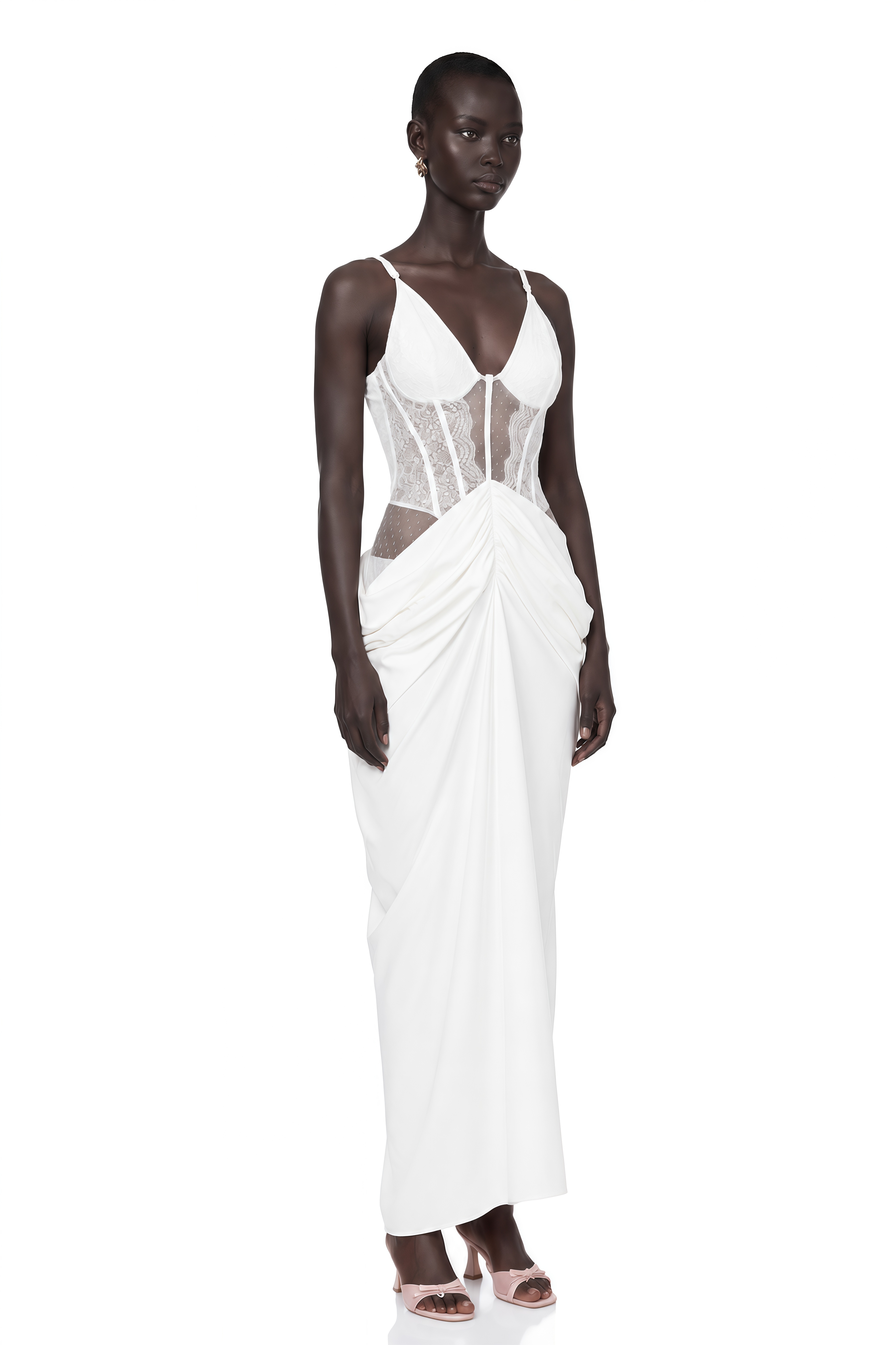 Viktoria White Semi-Sheer Lace Panel Maxi Dress