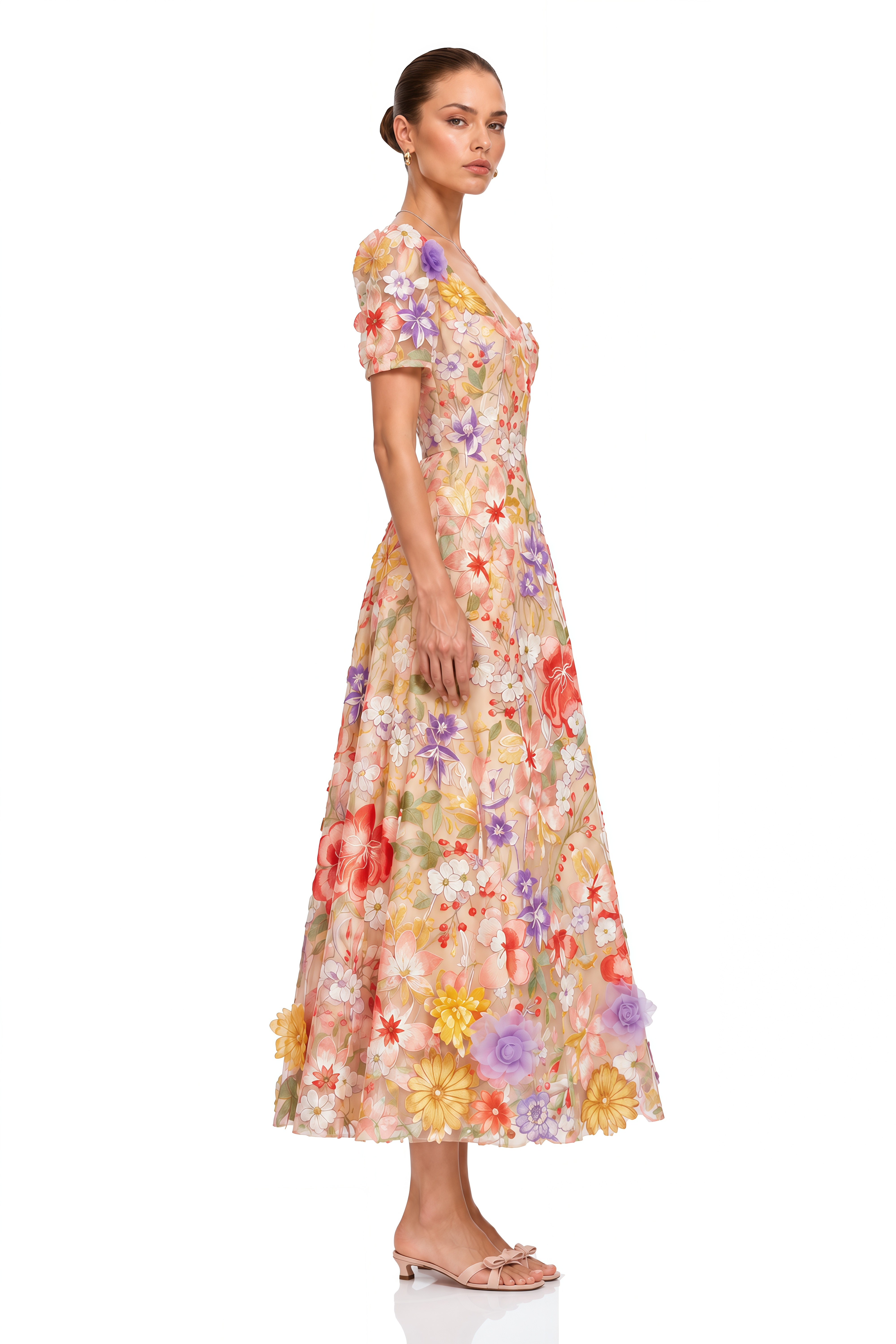 Darcy Neutral Floral Embroidered Tulle Midi Dress