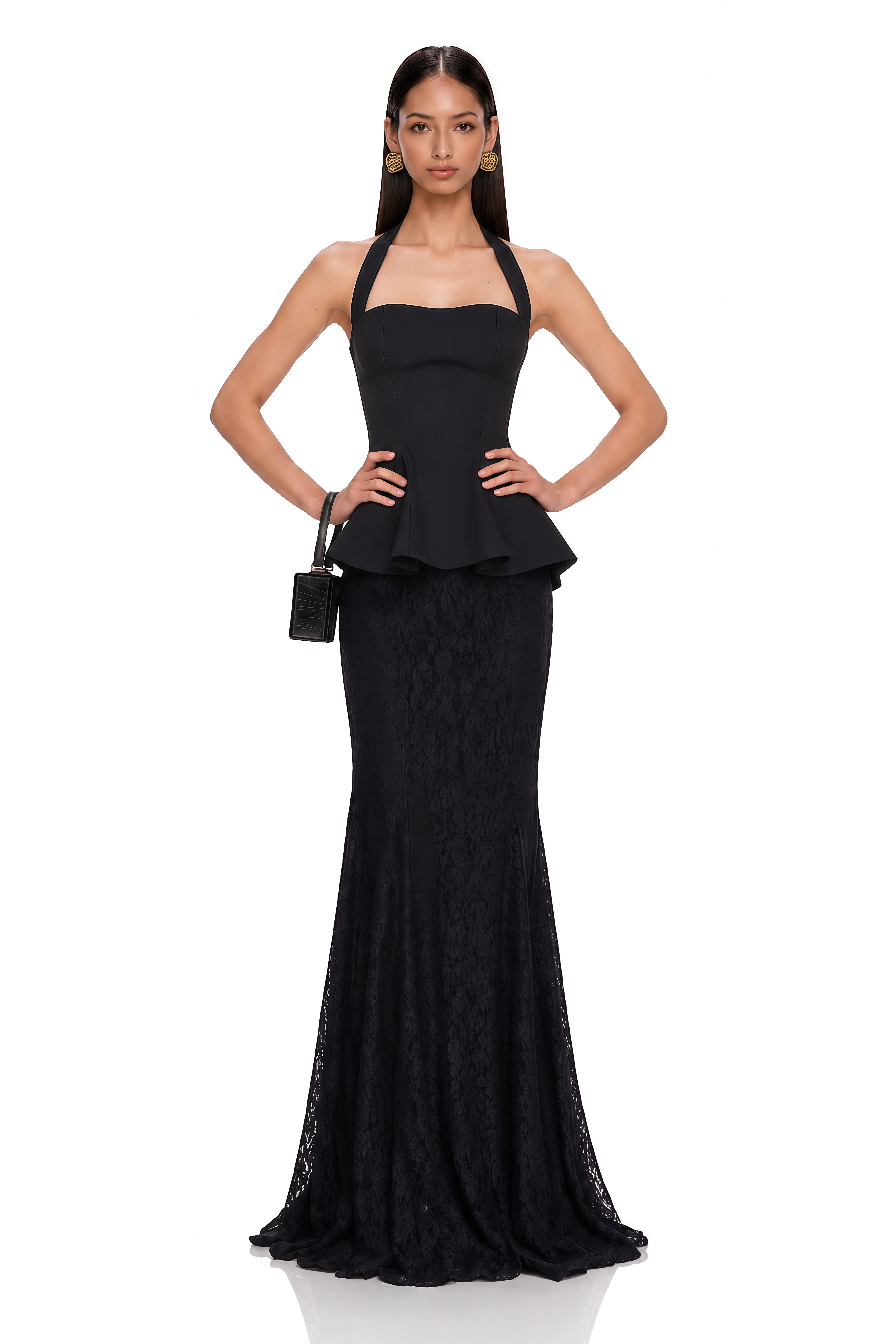 Whitley Black Halterneck Top & Lace Skirt Set