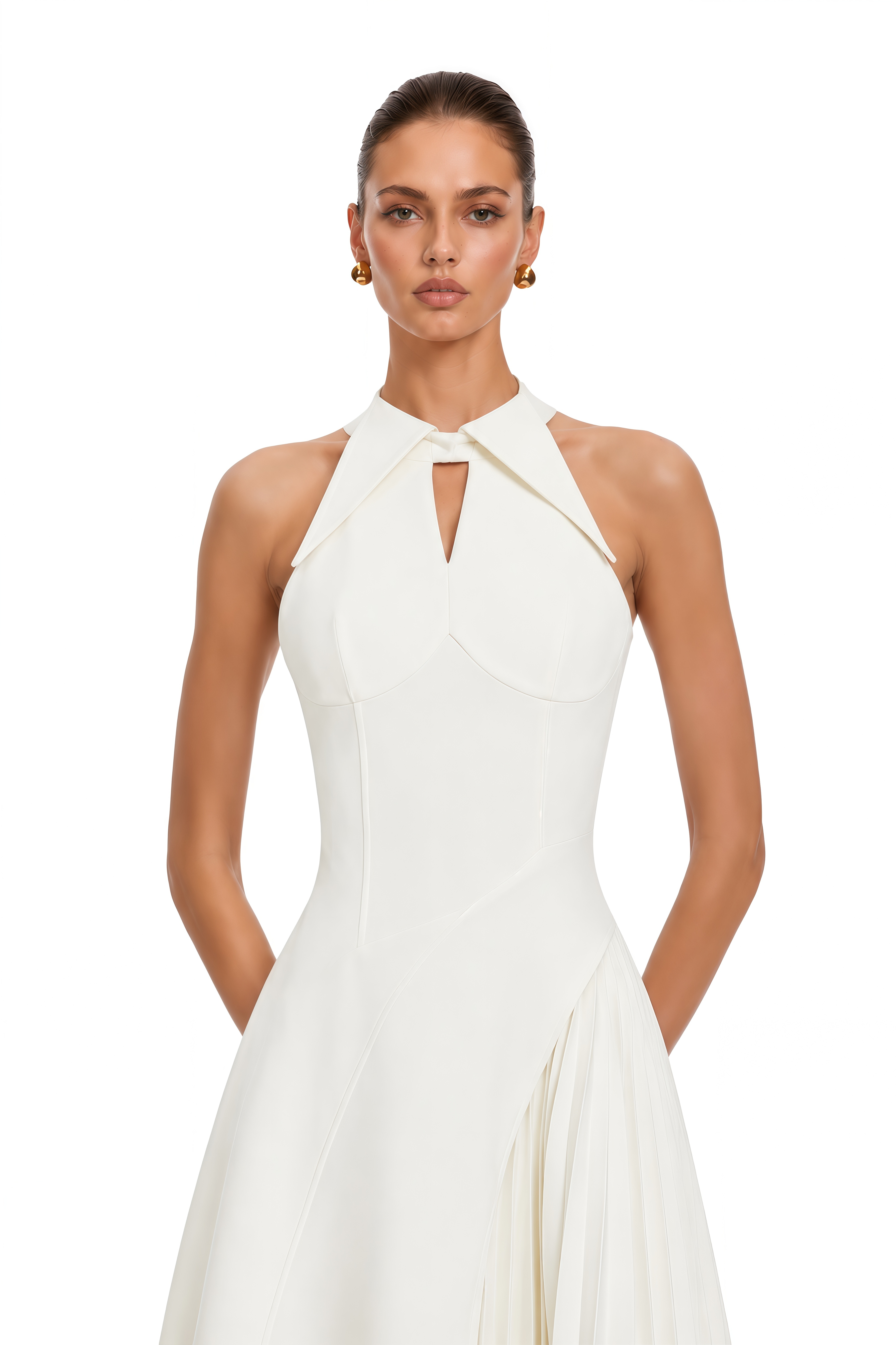Griselda Neutral Halterneck Ruched Midi Dress