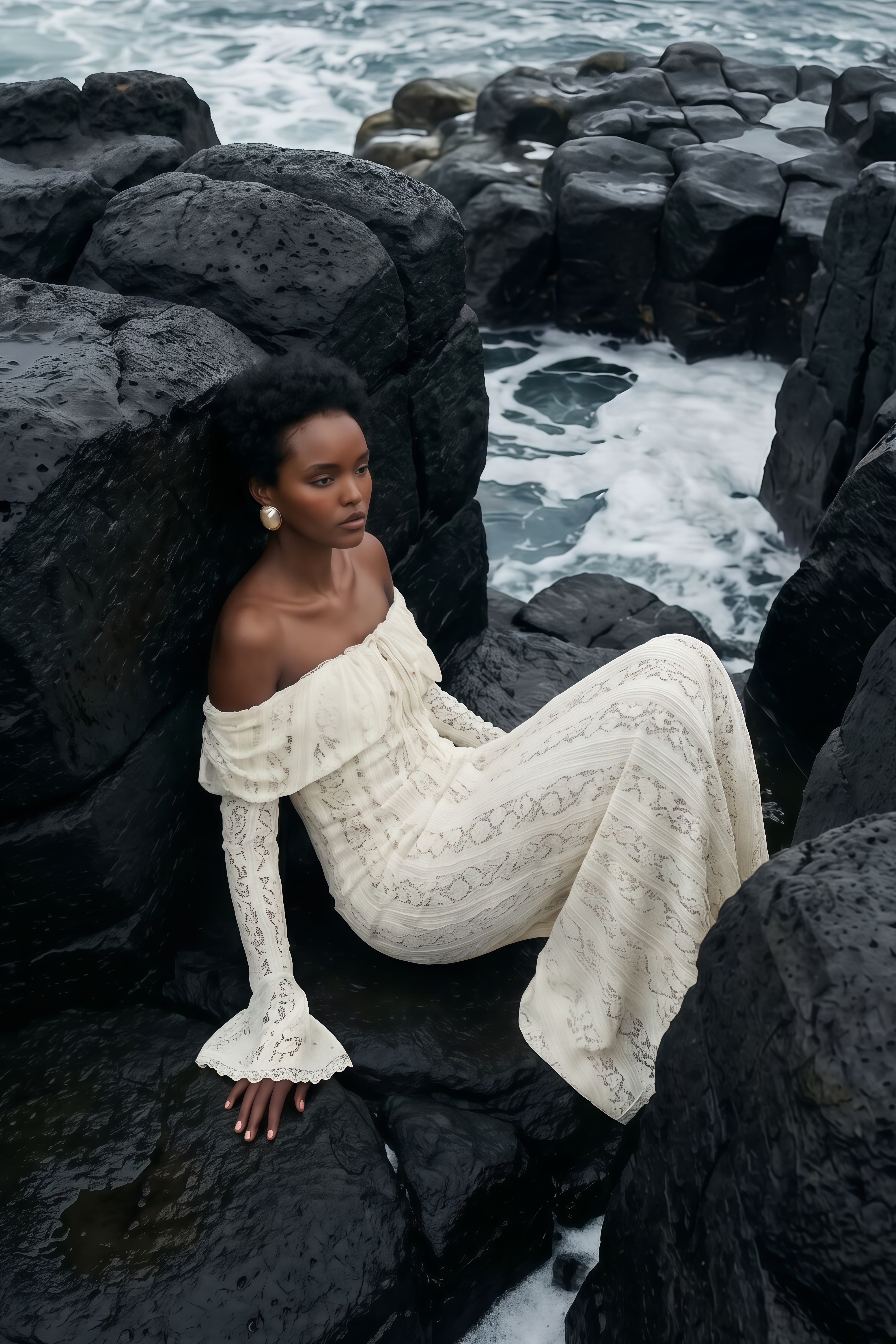 Émeline floral lace flared-cuff maxi dress in Neutrals