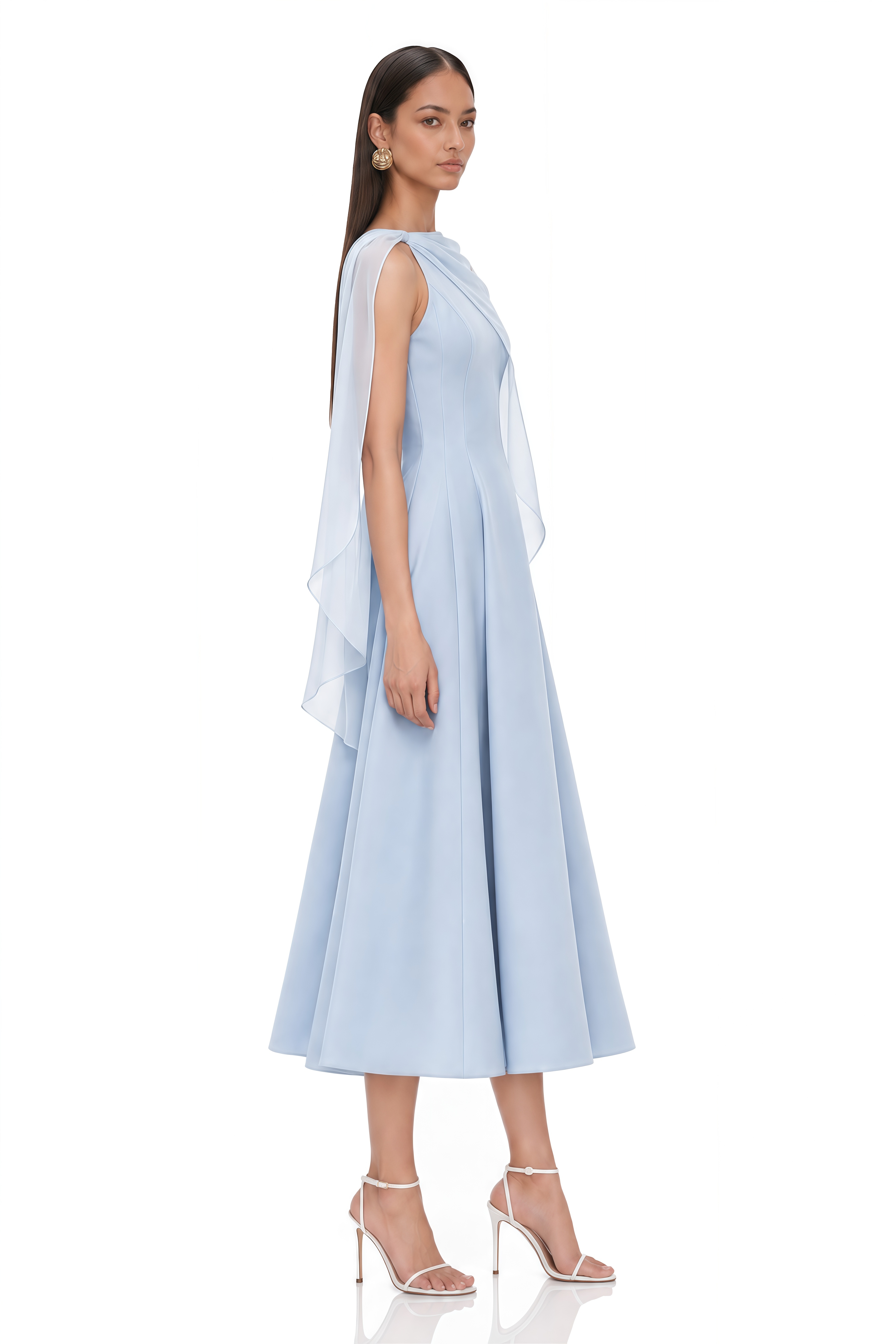 Renee Baby Blue Sleeveless Midi Dress with Draped Cape