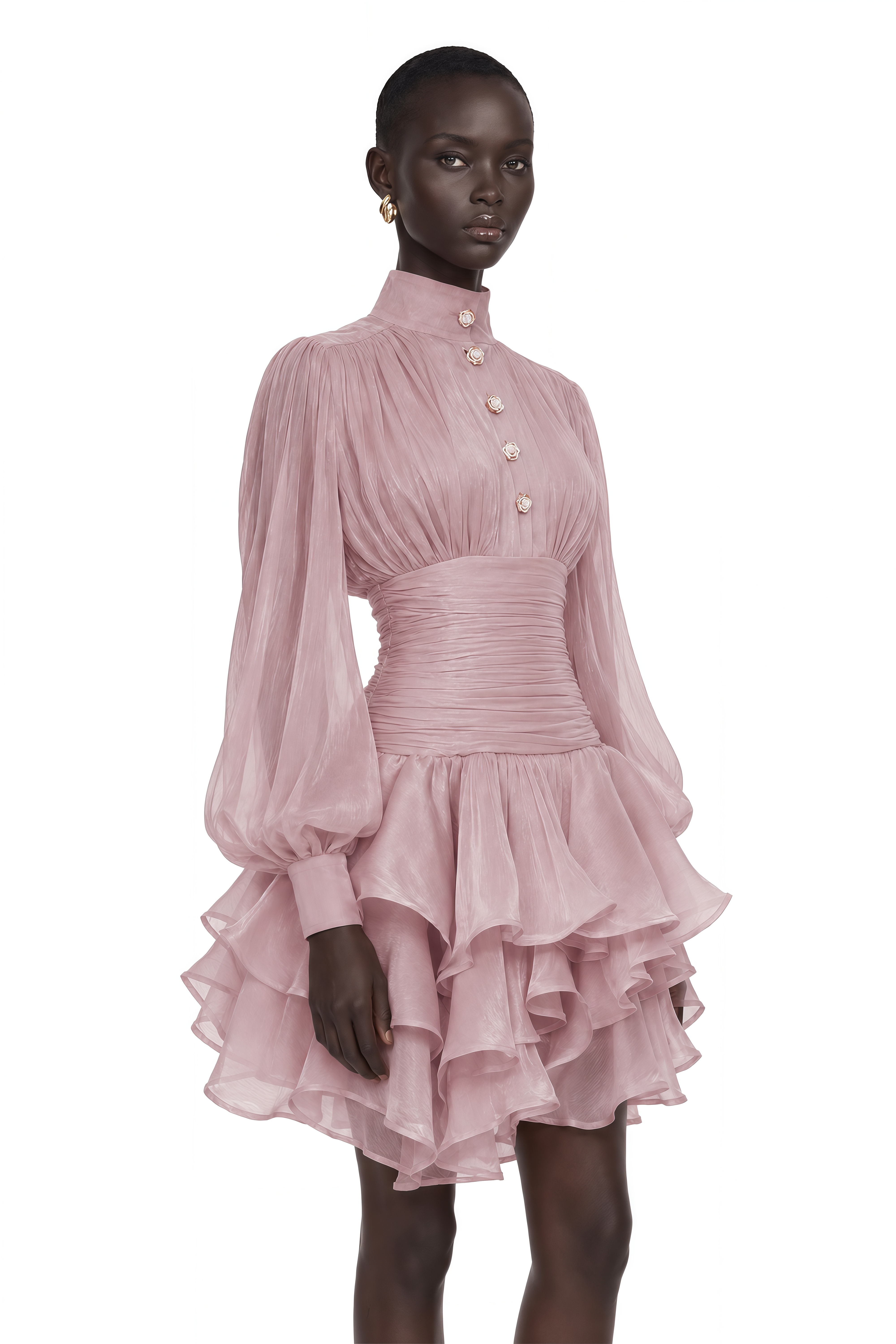 Emersyn Pink High-Neck Ruffled Detail Mini Dress
