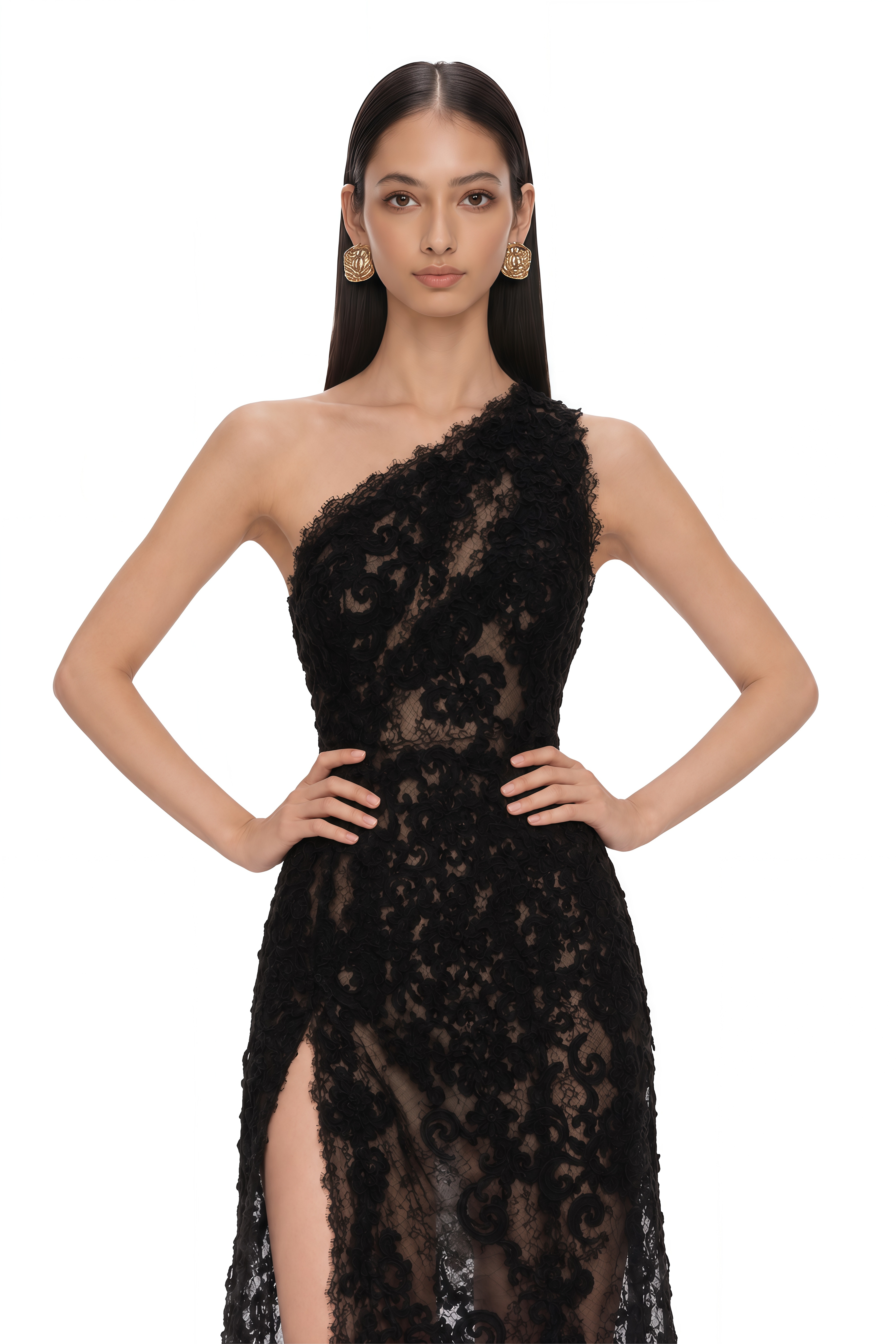 Hannah Black 3D Floral Midi Dress wiith Side Slit