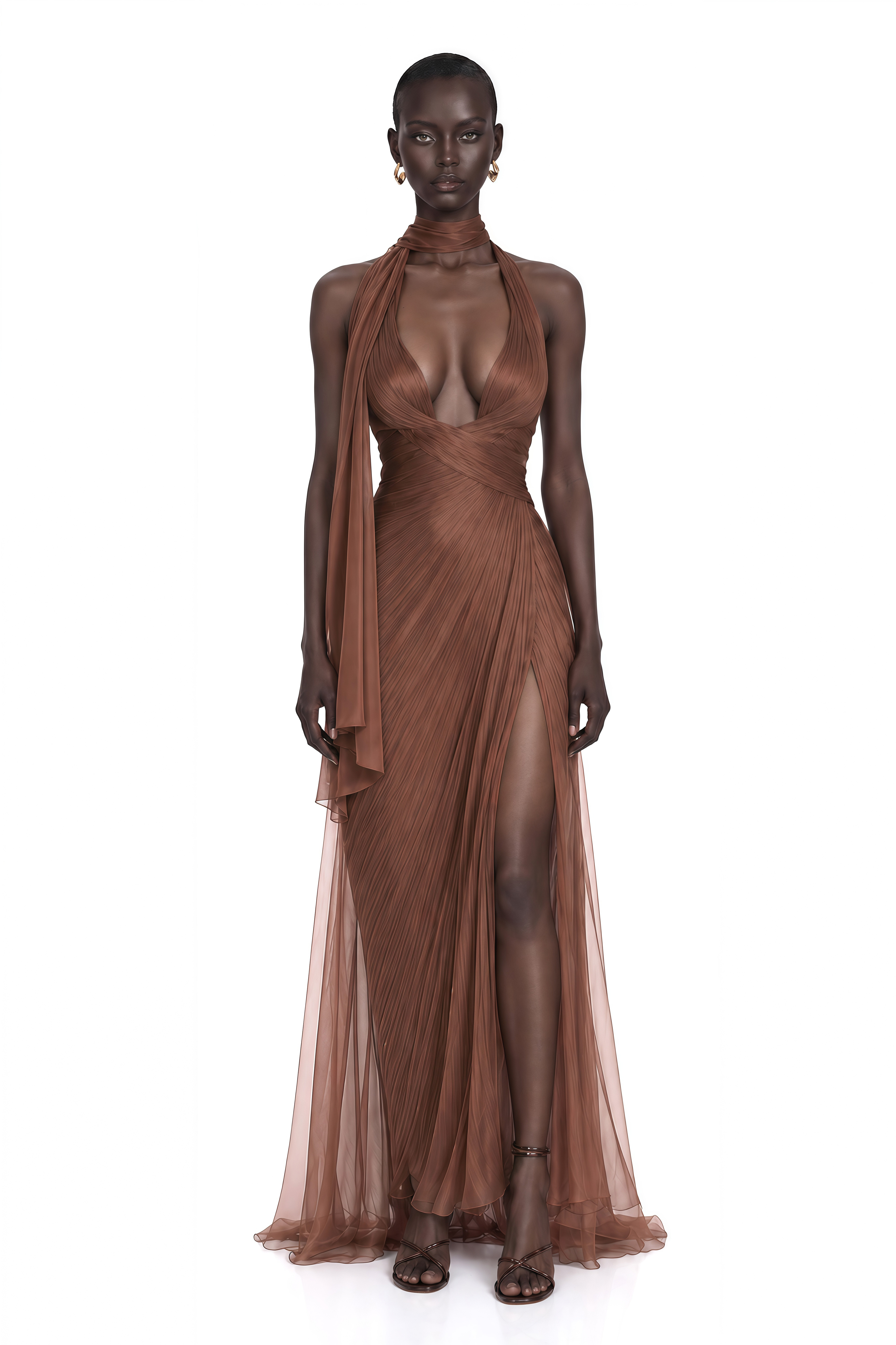 Priscilla Bronze Pleated Halter Plunge Maxi Dress