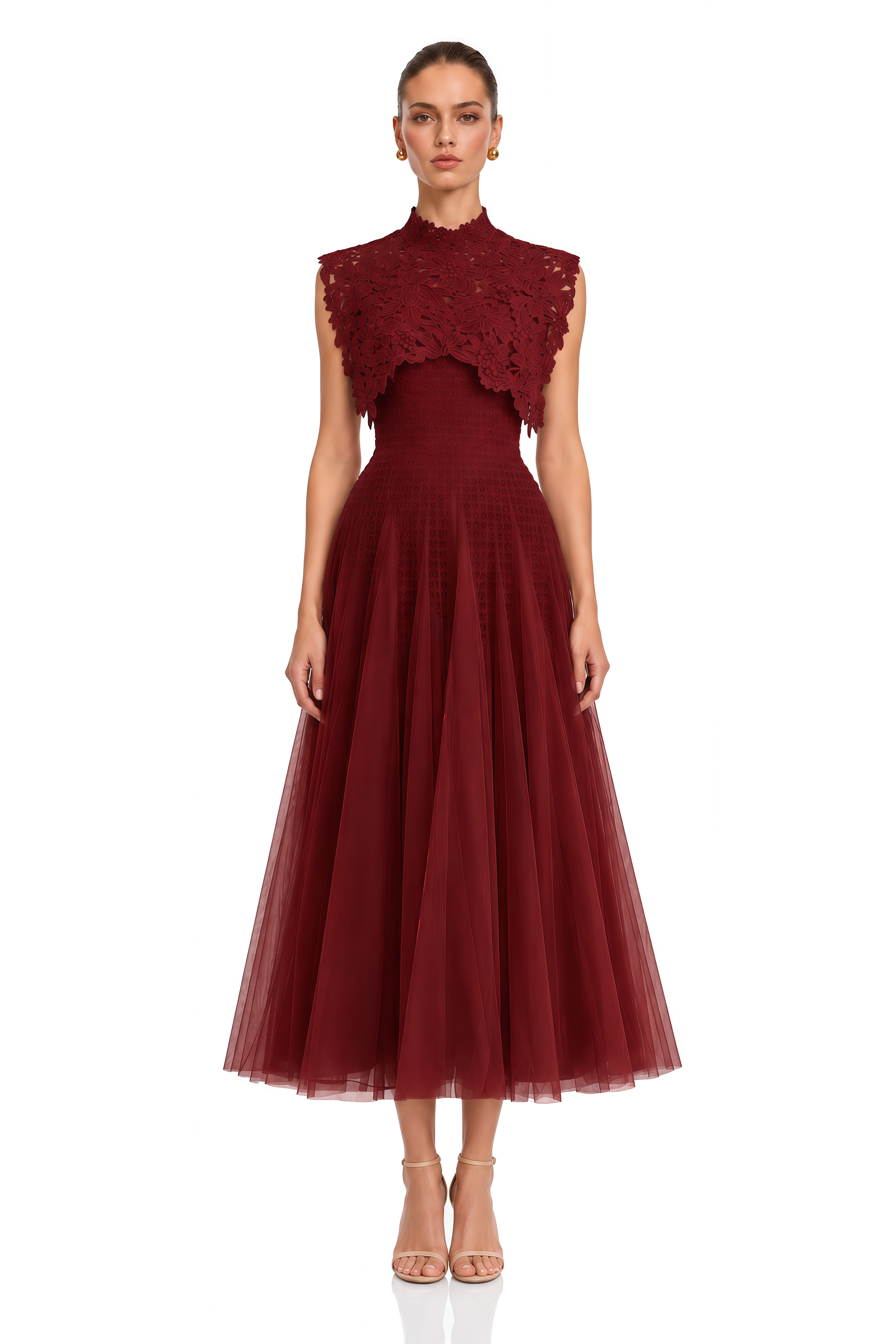 Margaret Red Floral Crochet Midi Dress
