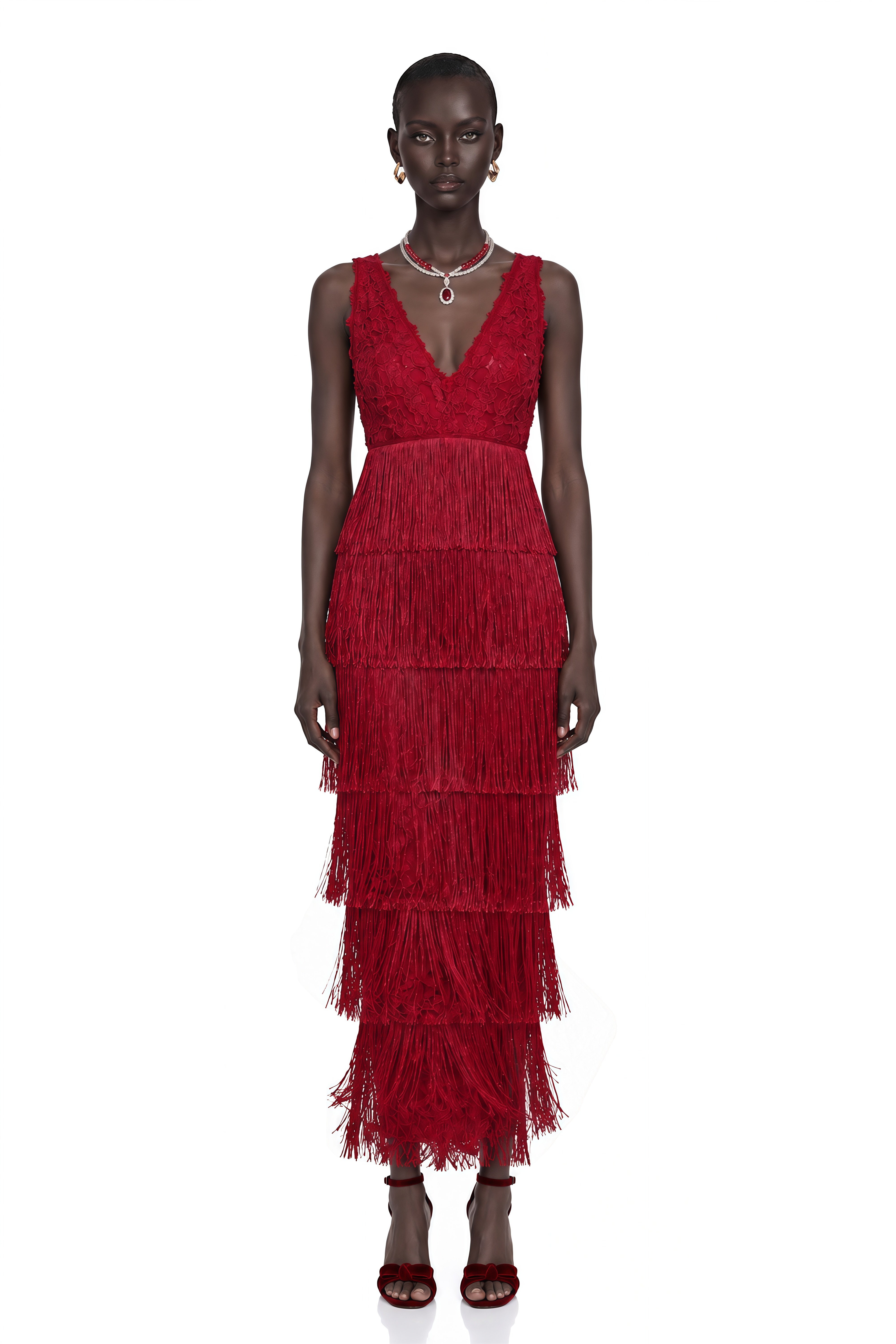 Isoldeia Red Sleeveless Lace Maxi Dress