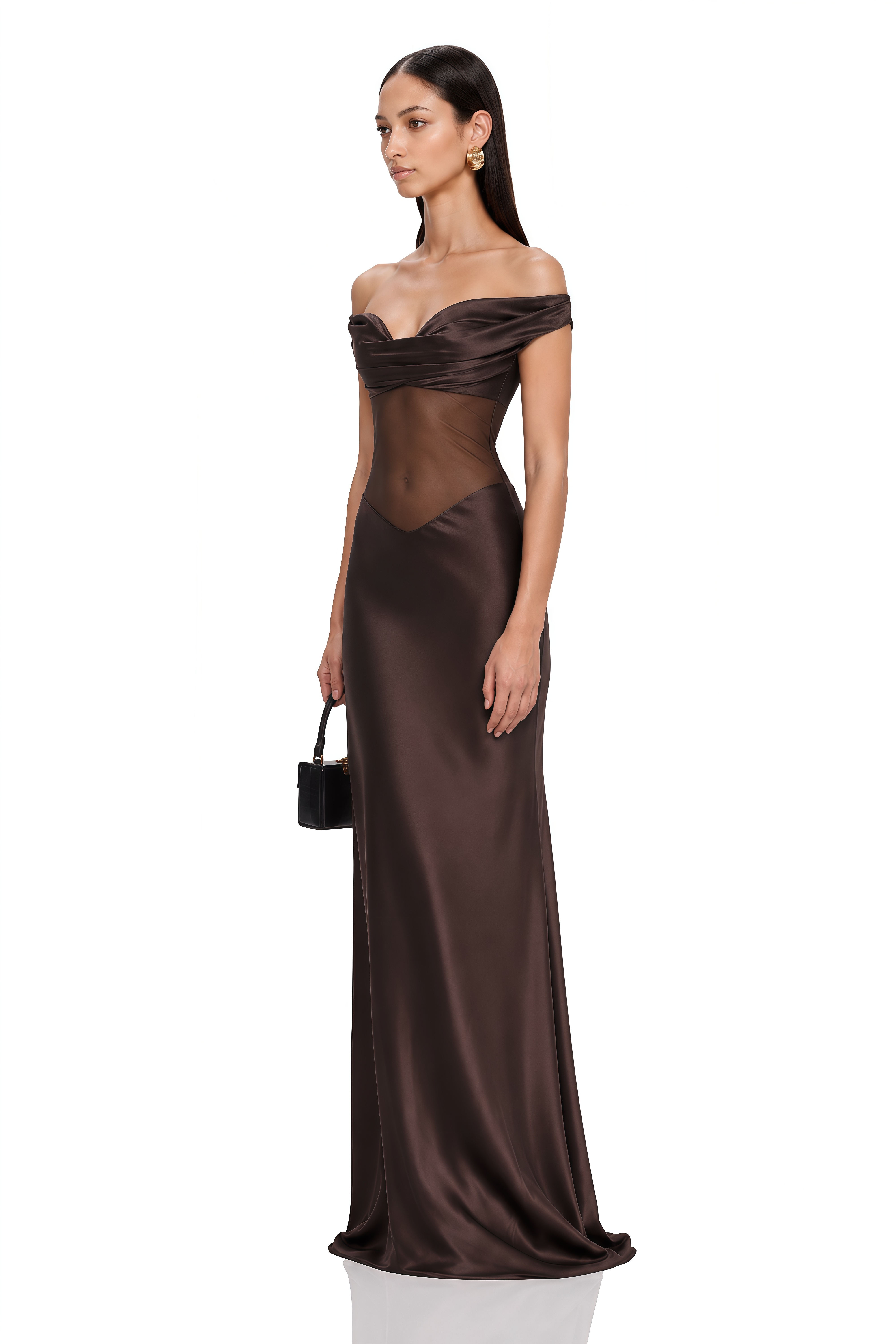 Gitta Brown Off Shoulder Satin Maxi Gown