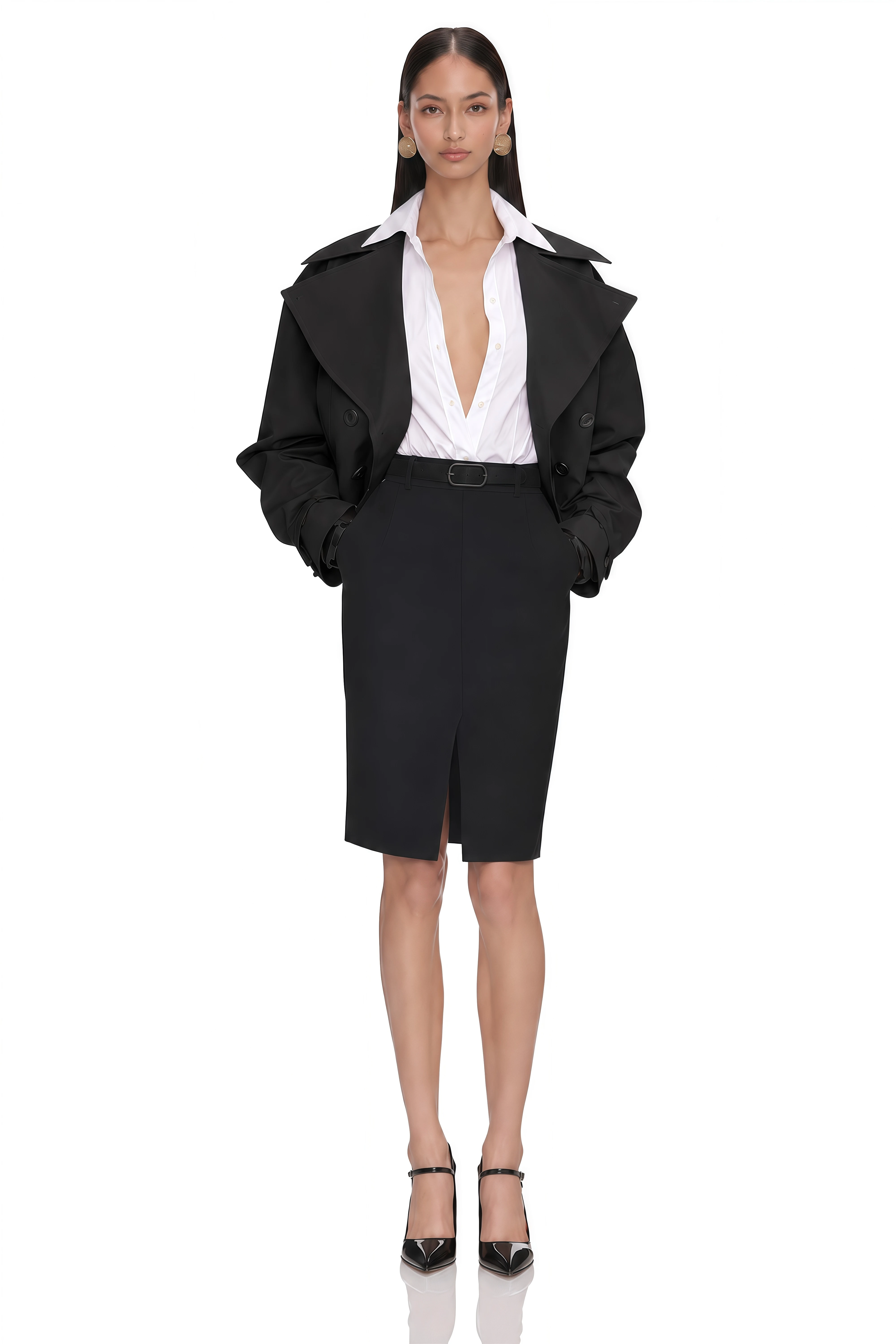 Avril Black Double-Breasted Short Trench Coat