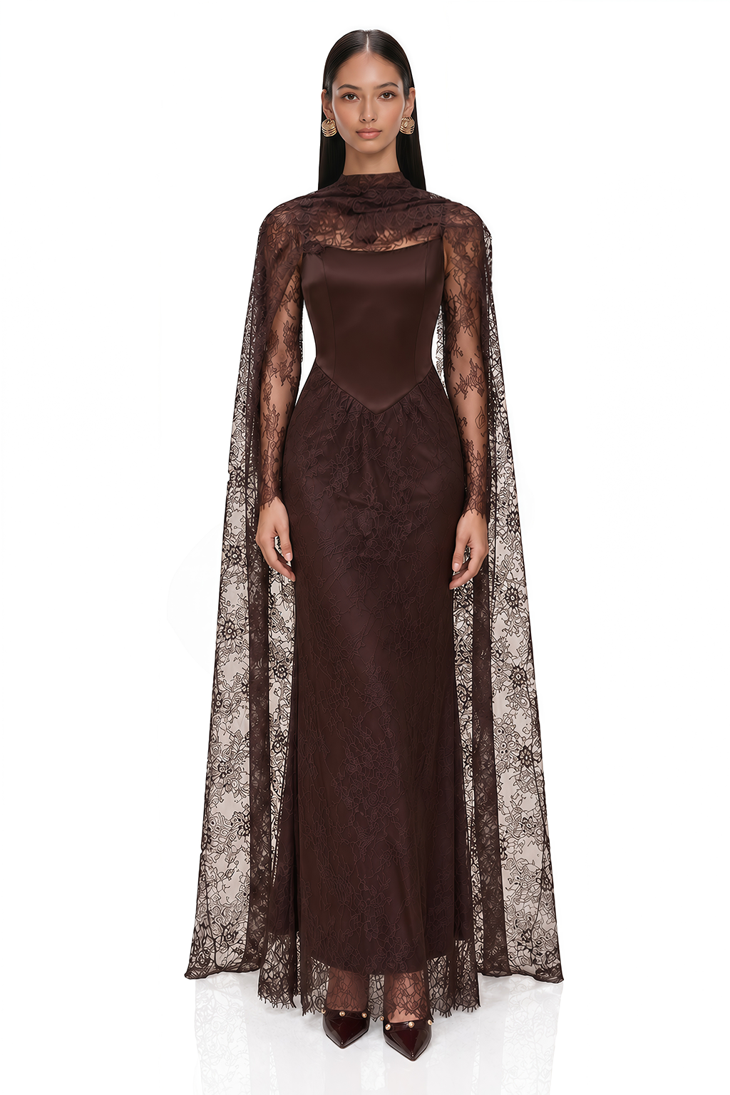Christa Brown Floral Lace Maxi Dress with Cape