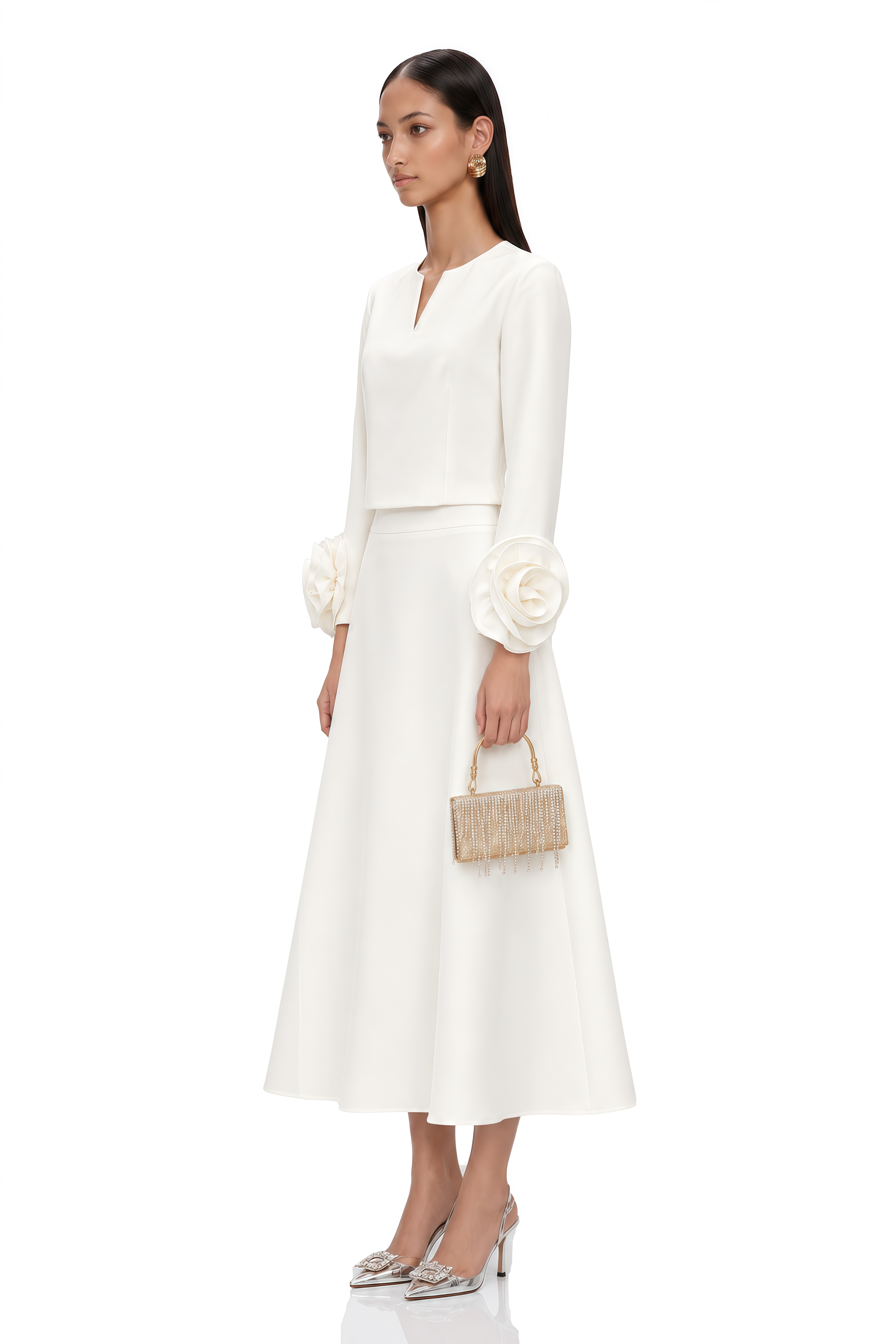 Hilaire White 3D-Petal Top & Skirt Matching Set