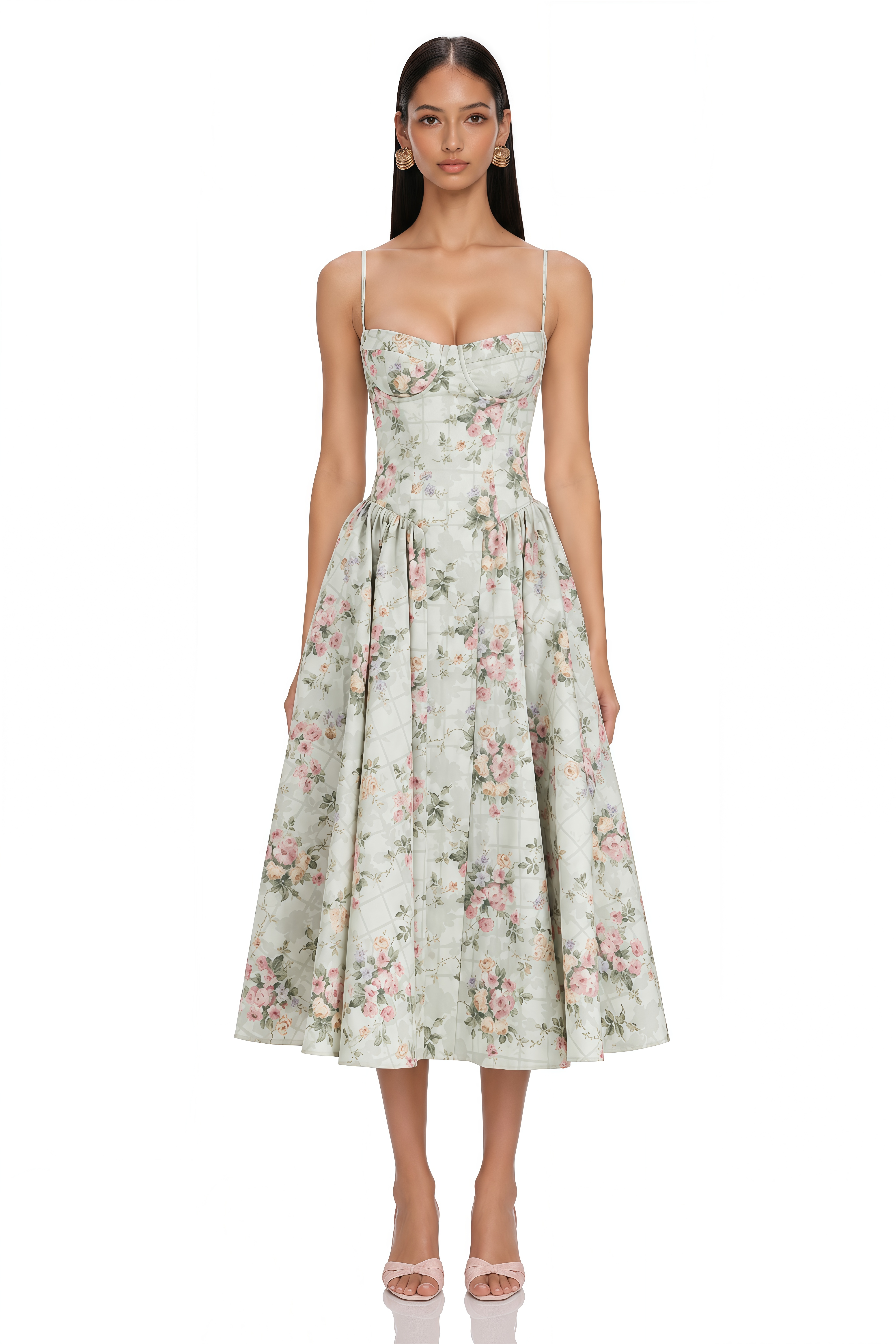 Prunelle Sage-Green Floral-Print Shirred Midi Dress