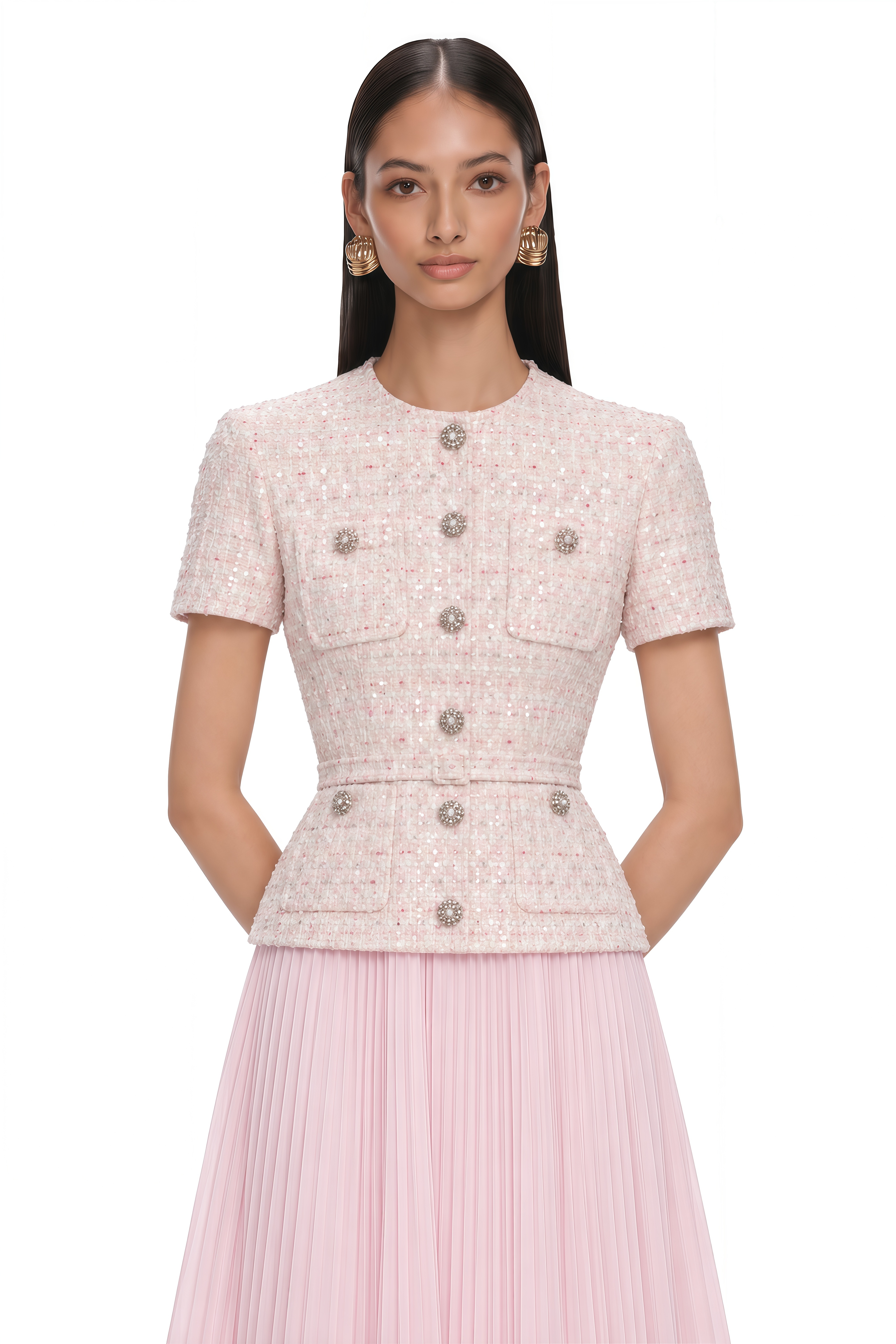 Tahmineh Pink Tweed Pleated Midi Dress