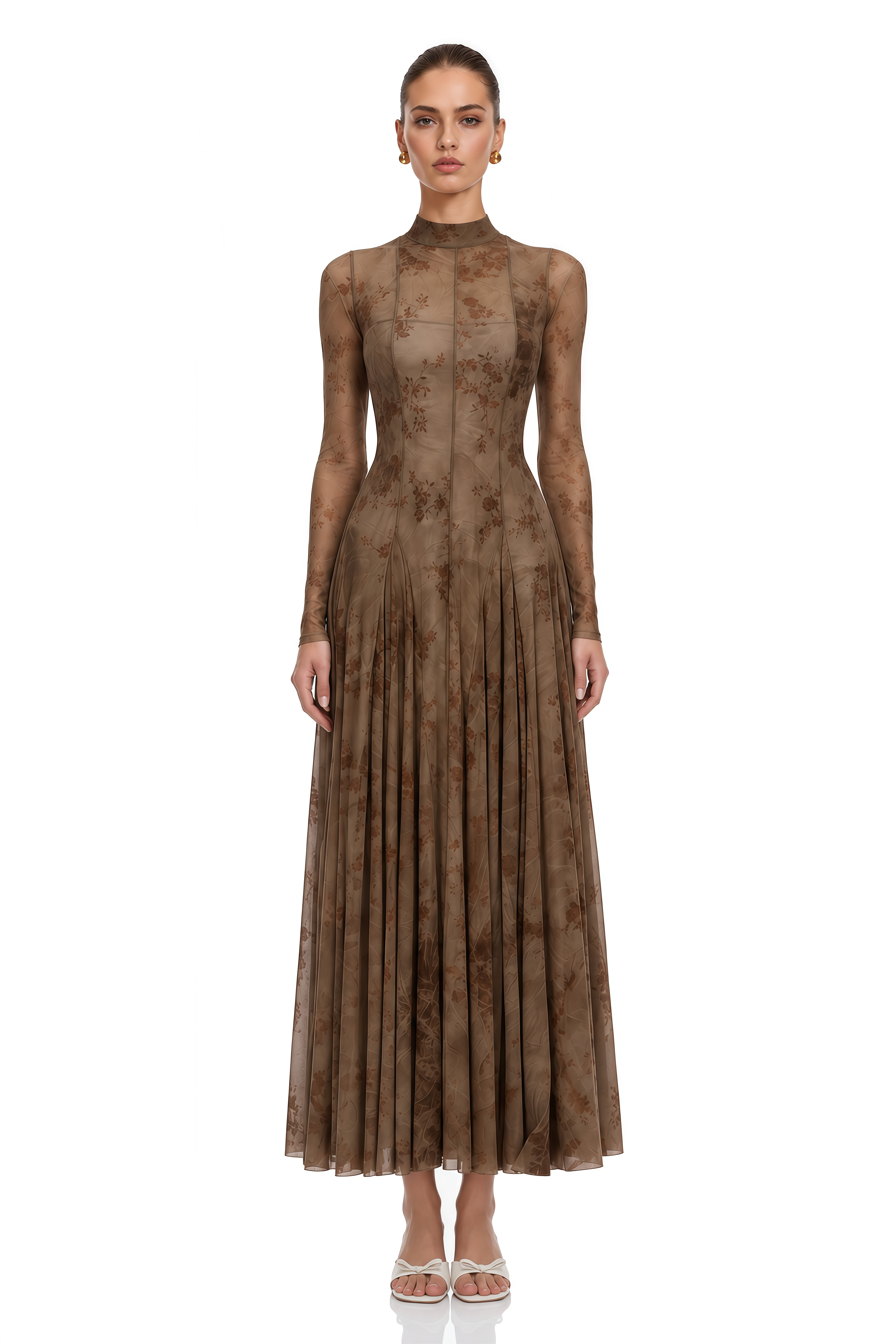 Ariadne Brown Flocked Tulle Maxi Dress
