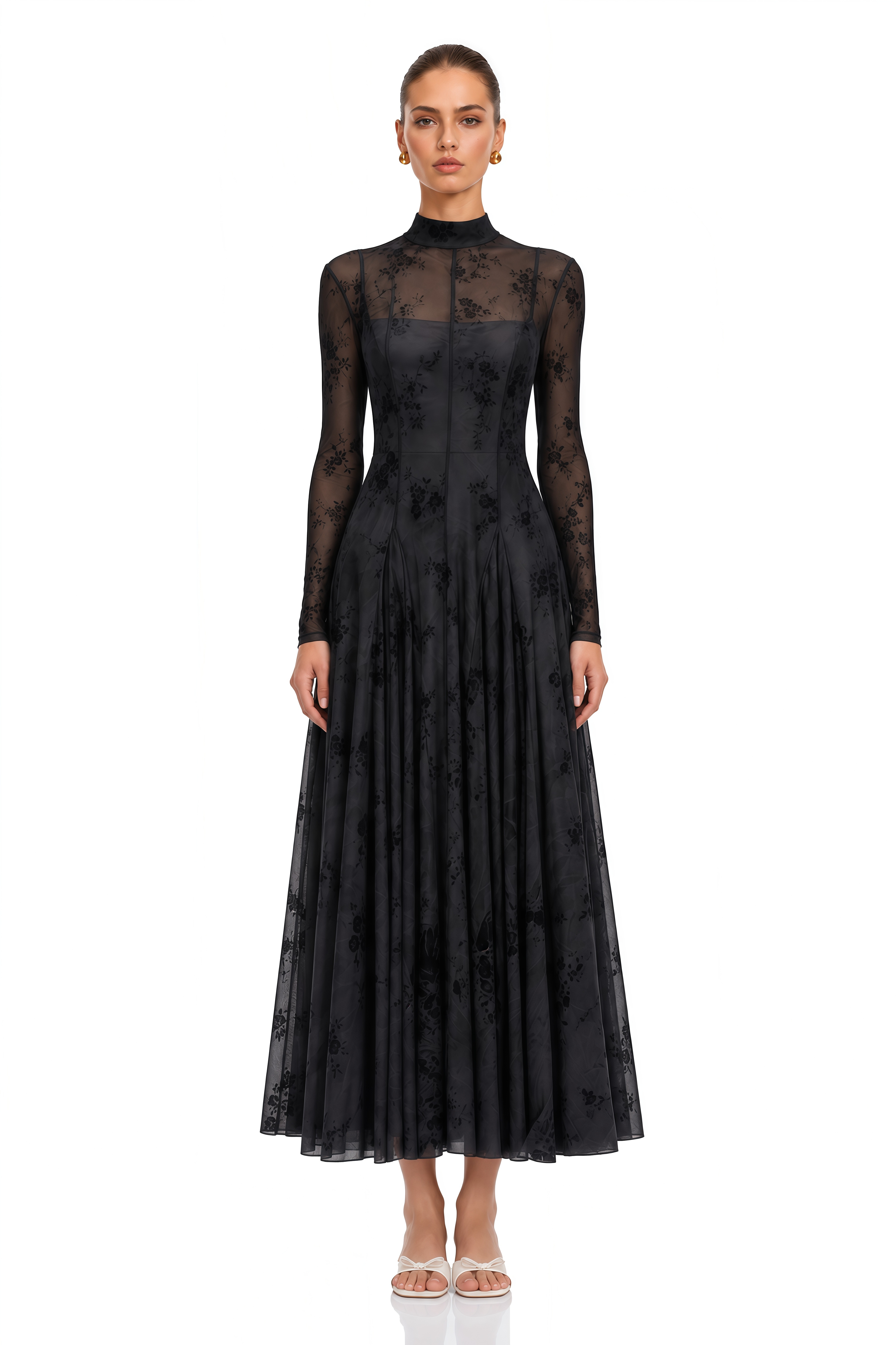 Ariadne Black Flocked Tulle Maxi Dress