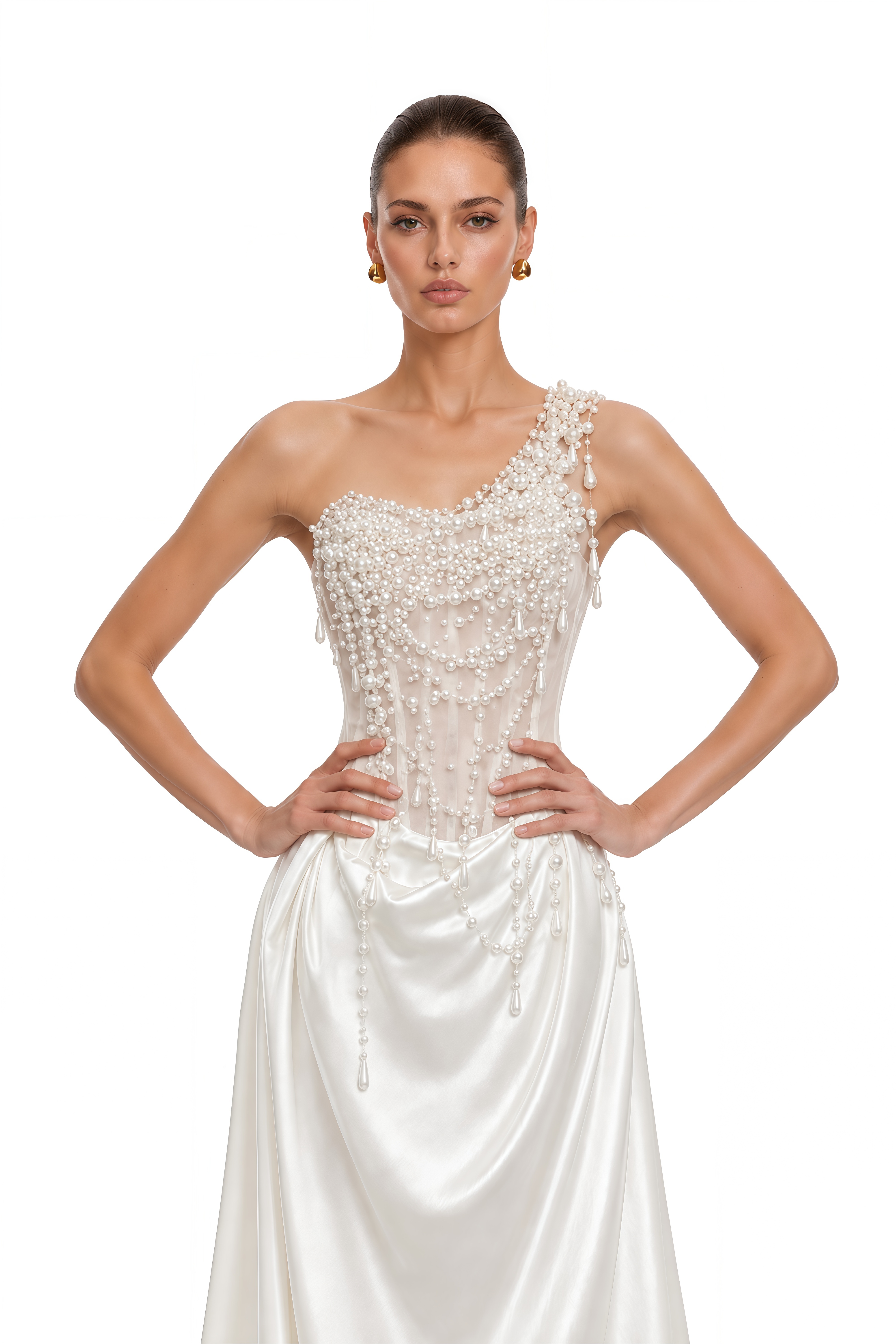 Hasti Cream White Ruched Maxi Dress with Chain Detail