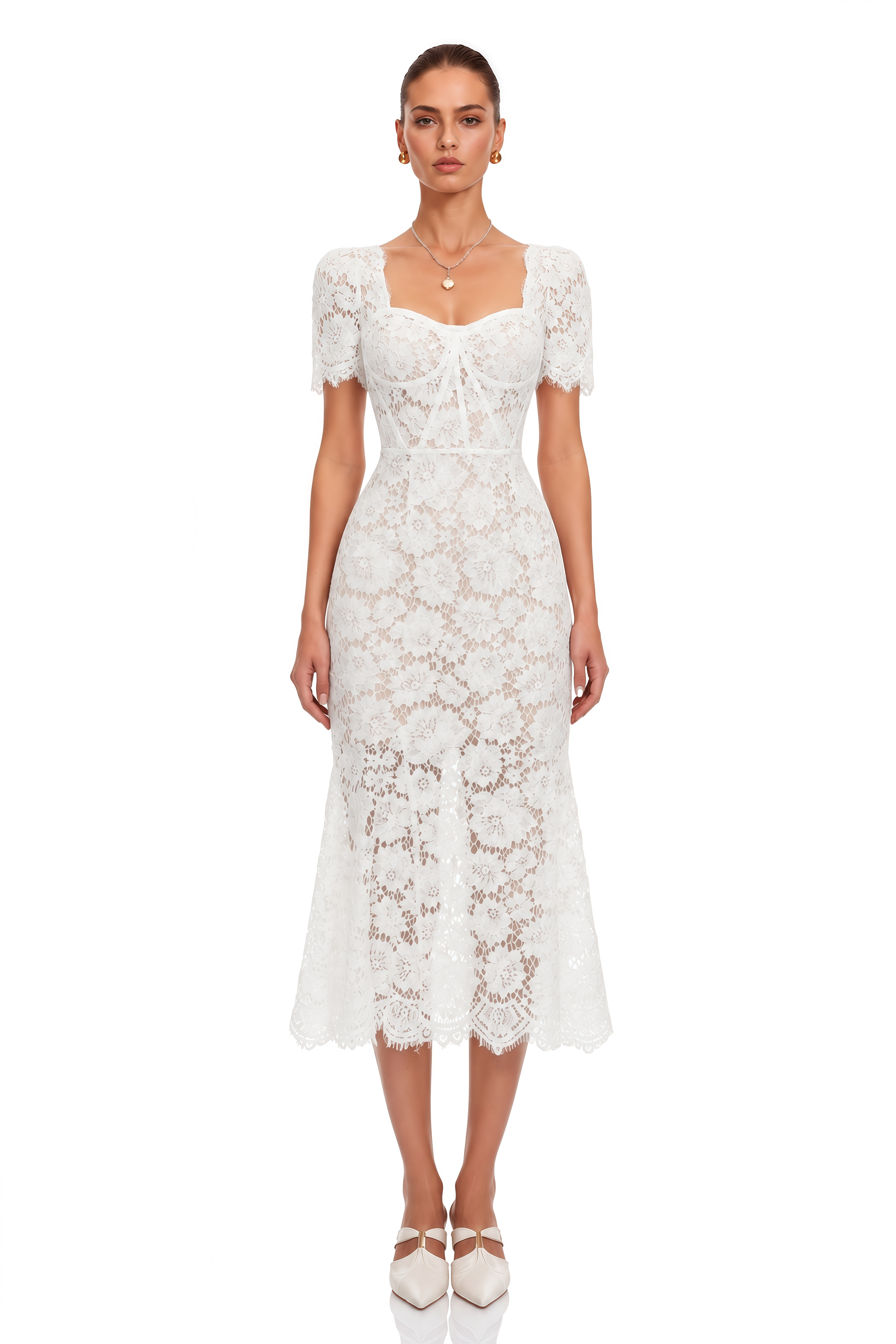 Giselle White Puff Sleeve Floral Lace Midi Dress