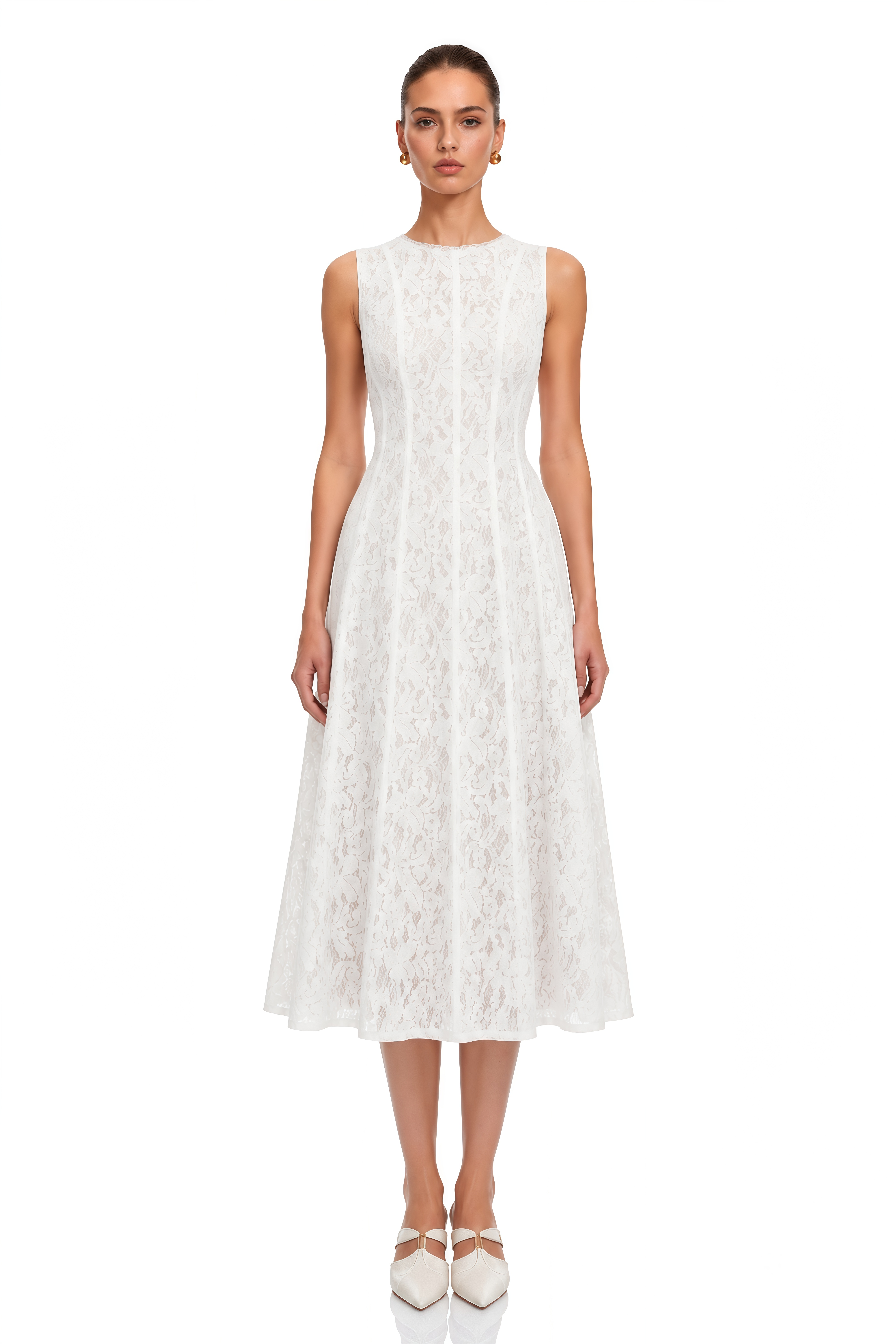 Guinevere White Sleeveless Floral Lace Midi Dress