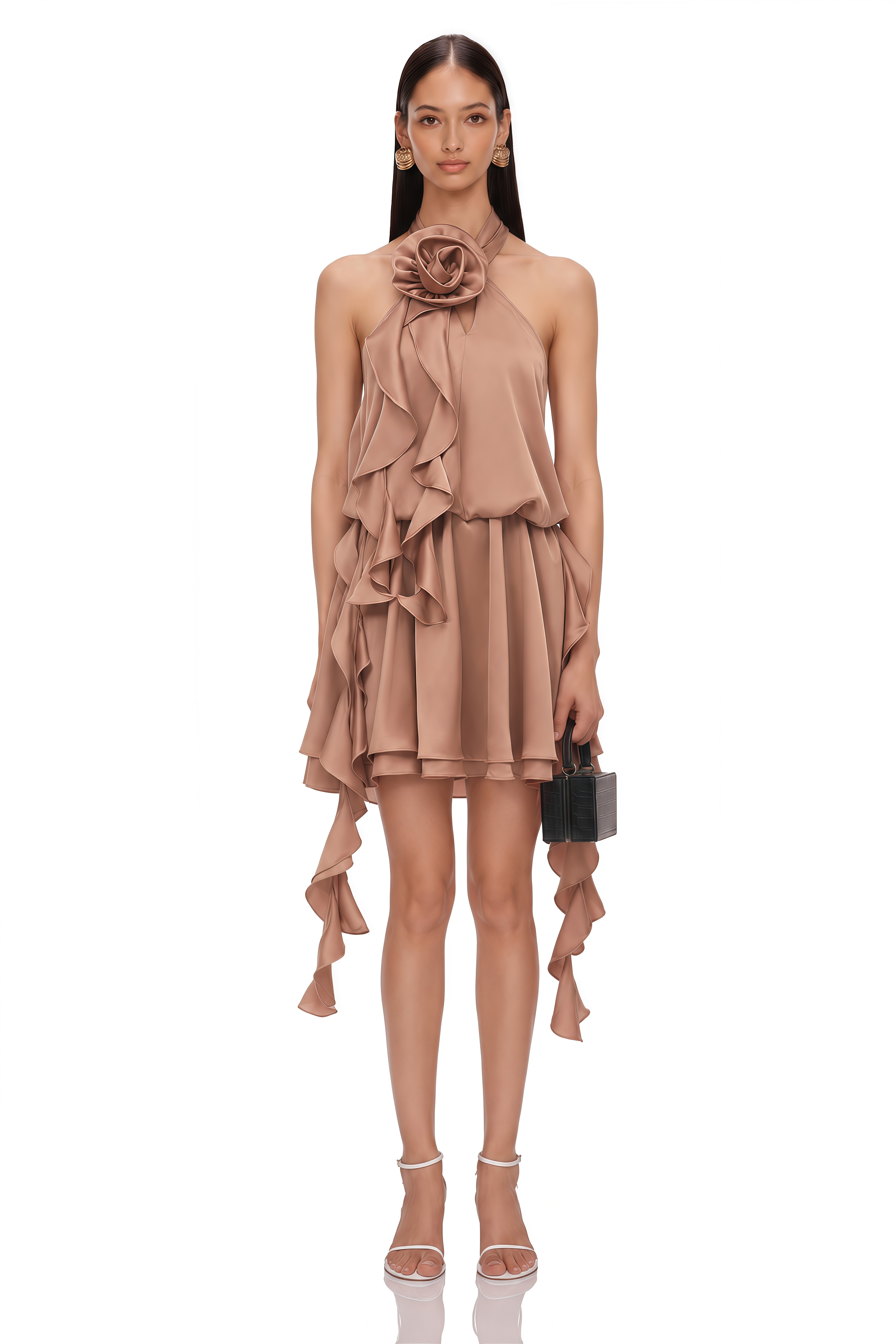 Solange Camel Halterneck Ruched Mini Dress with 3D Florals