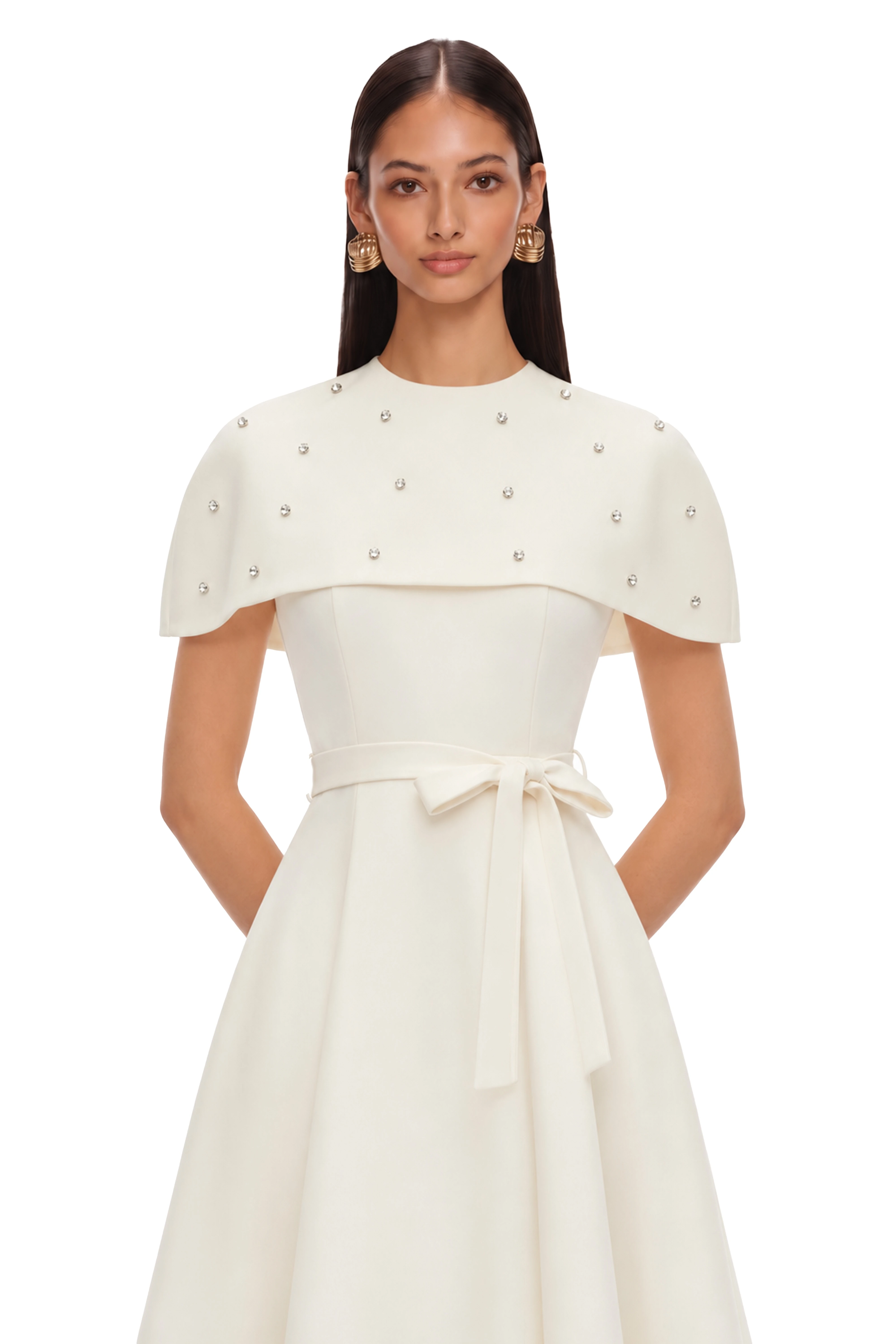 Sawda White Embellished Midi Dress with Cape