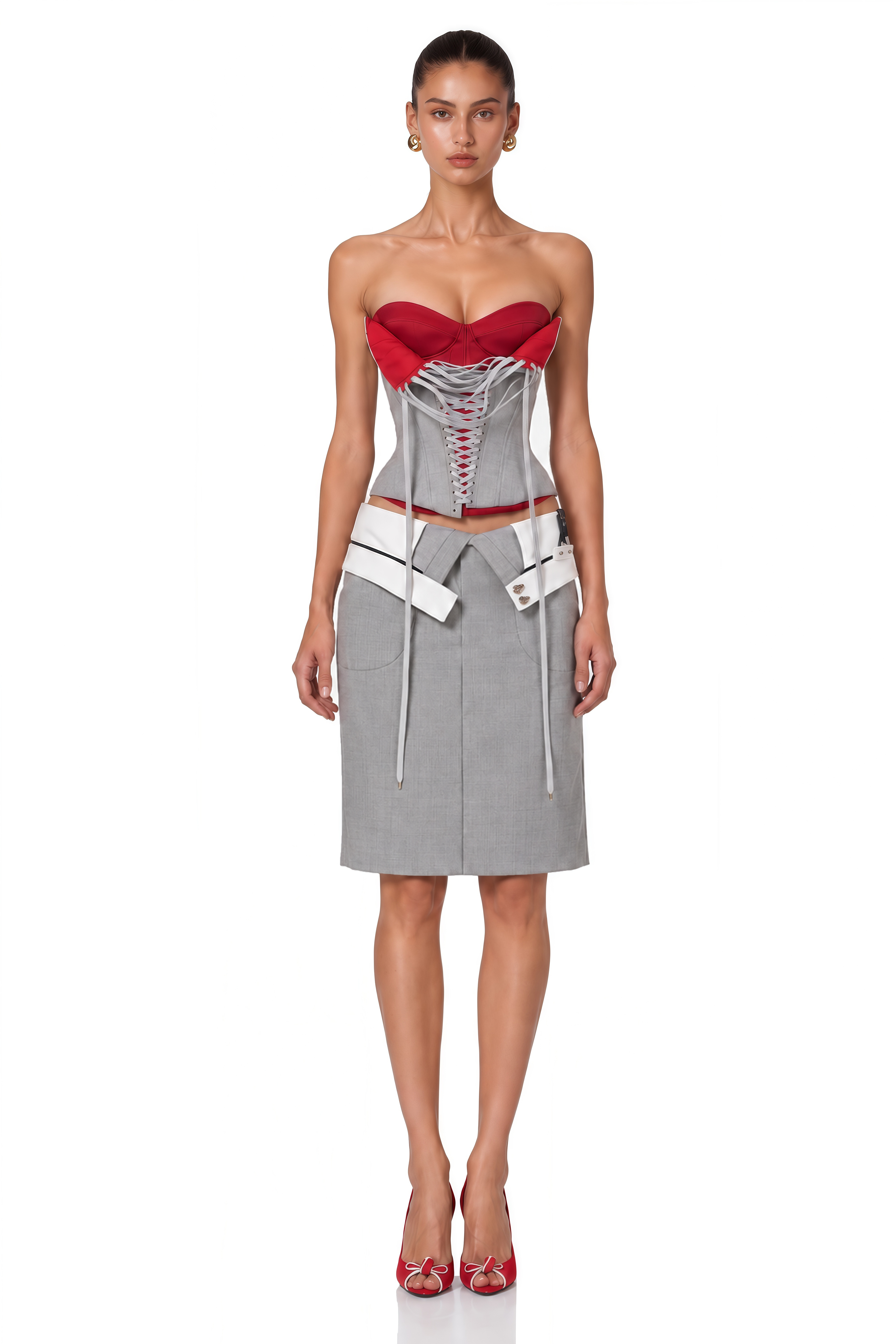Zafira Grey Color Block Corset Top & Pencil Midi Skirt Set