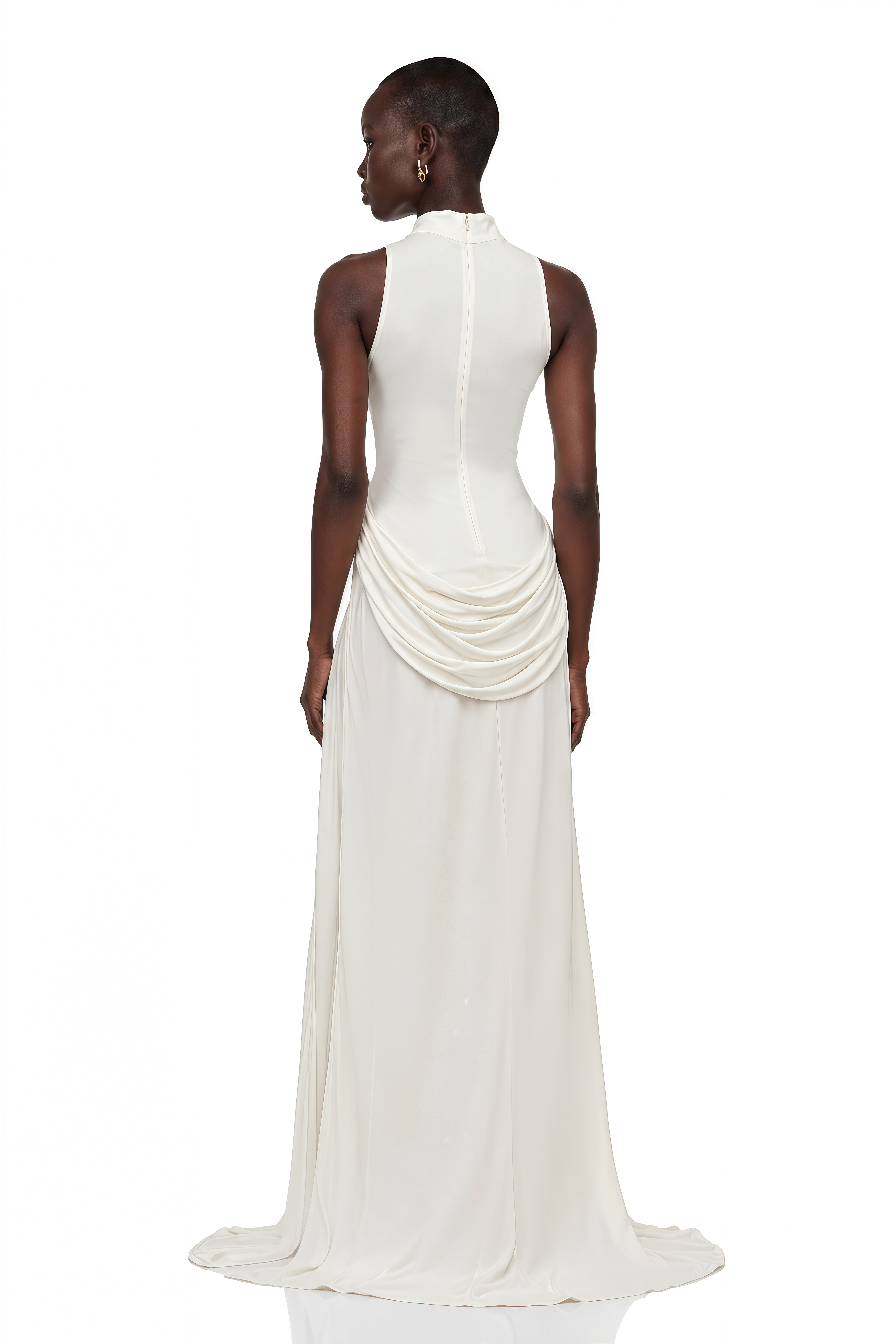 Mystérieuse White Turtleneck Draped Maxi Dress