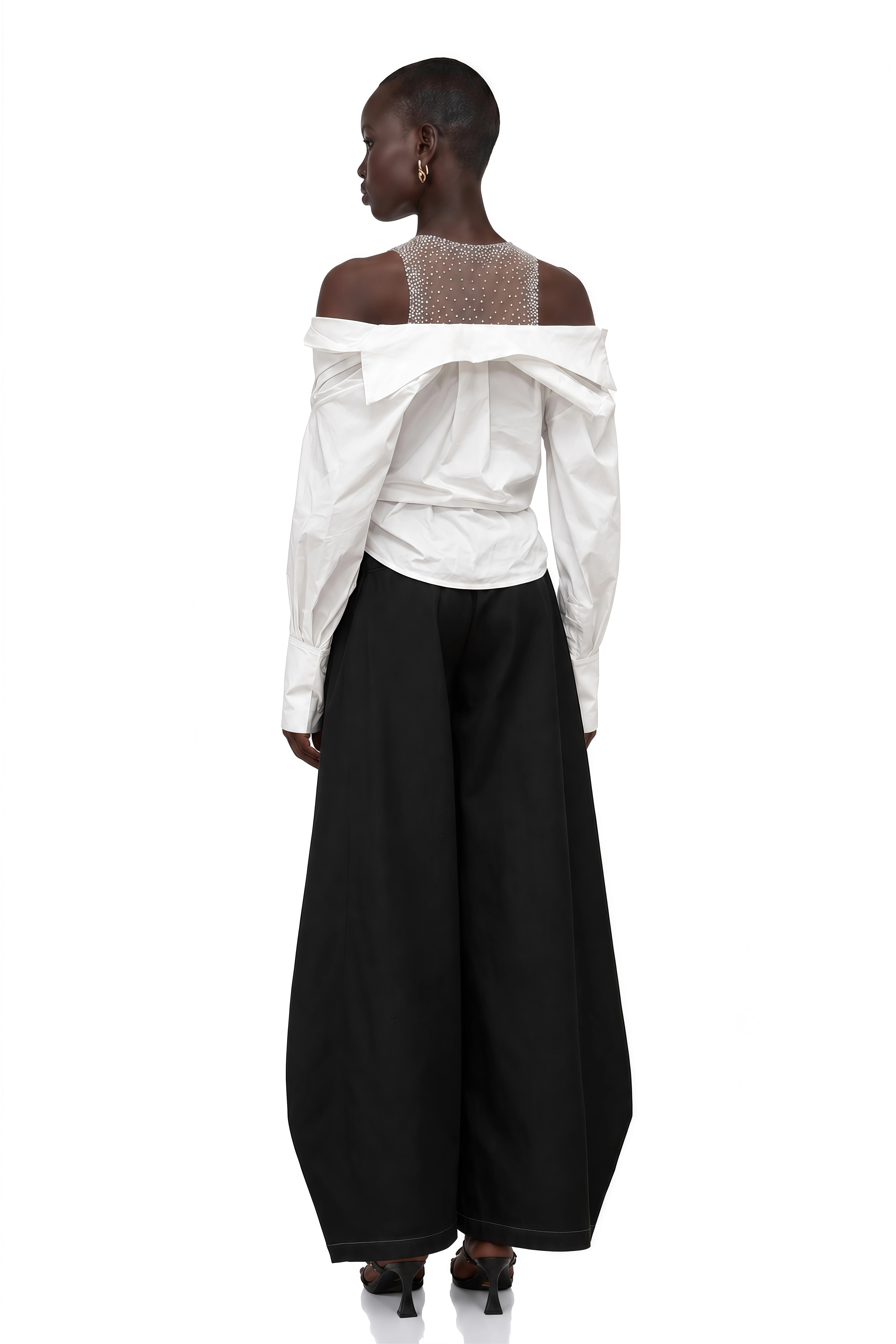 Fernande White Rhinestone Mesh Panel Shirt