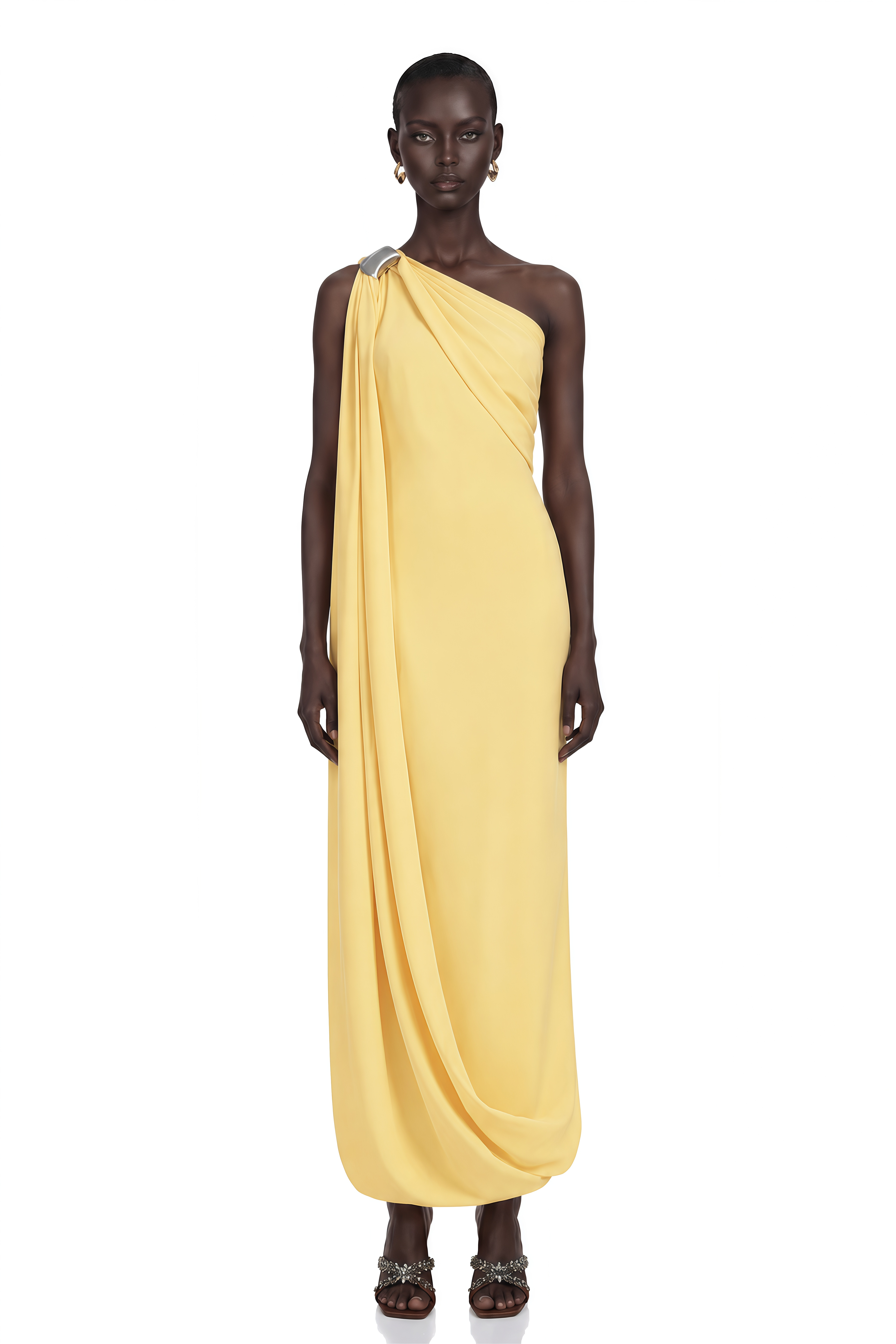 Garance Yellow Draped Asymmetrical Maxi Dress