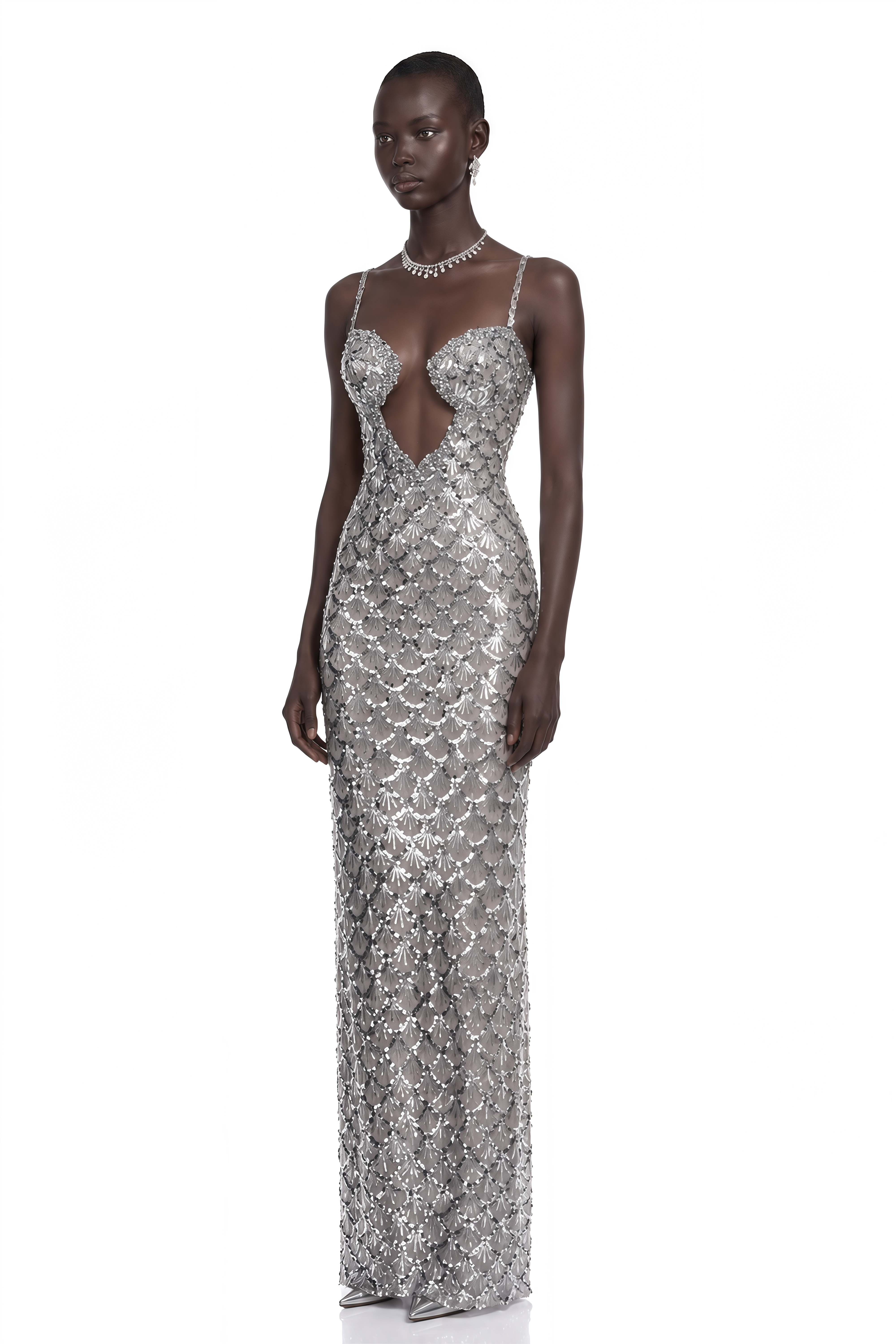 Tehila Silver Embellished Mermaid Maxi Dress