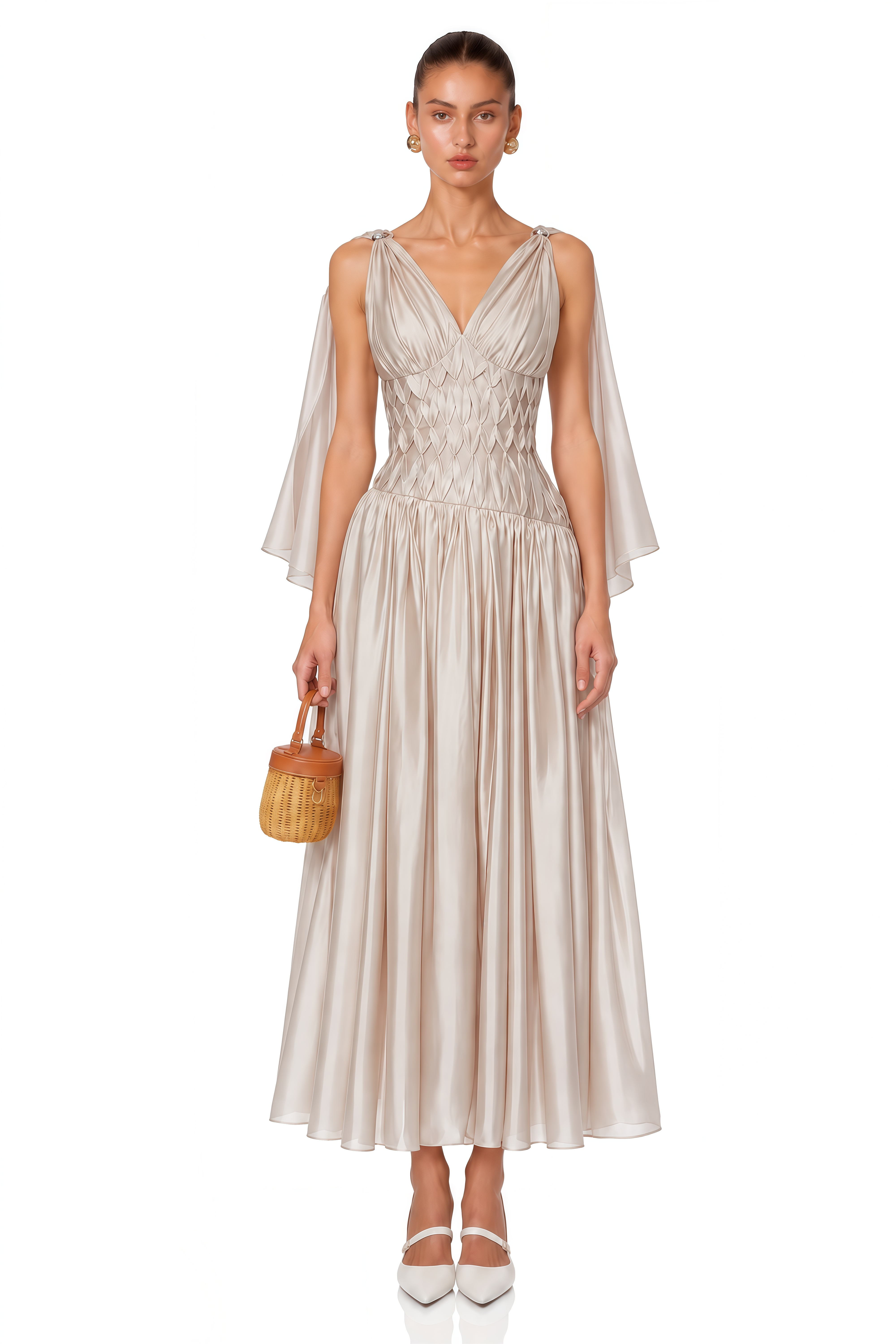 Ismerie Champagne V-Neck Ruched Maxi Dress