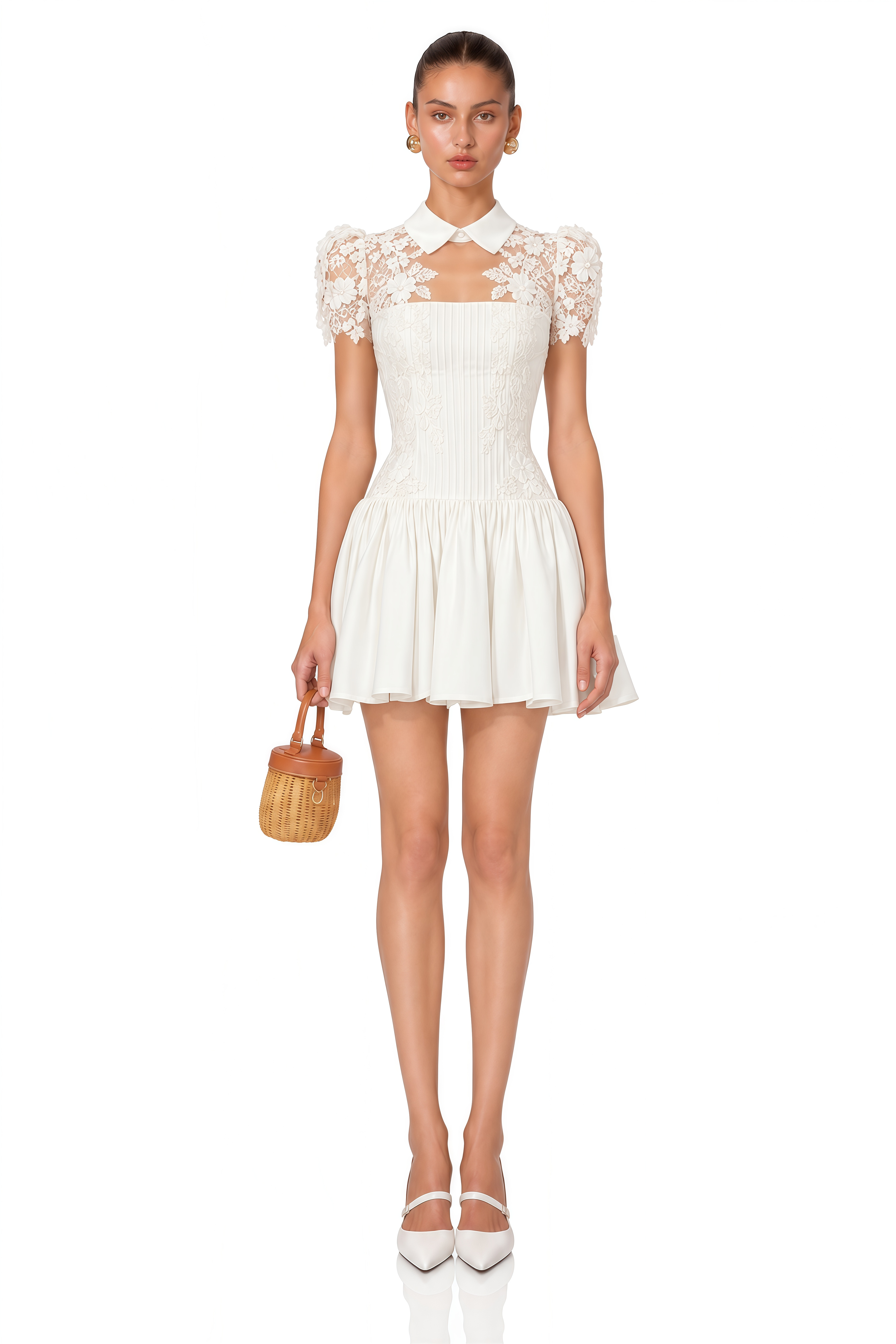 Melusine White Lace Mini Dress with Cape Sleeves