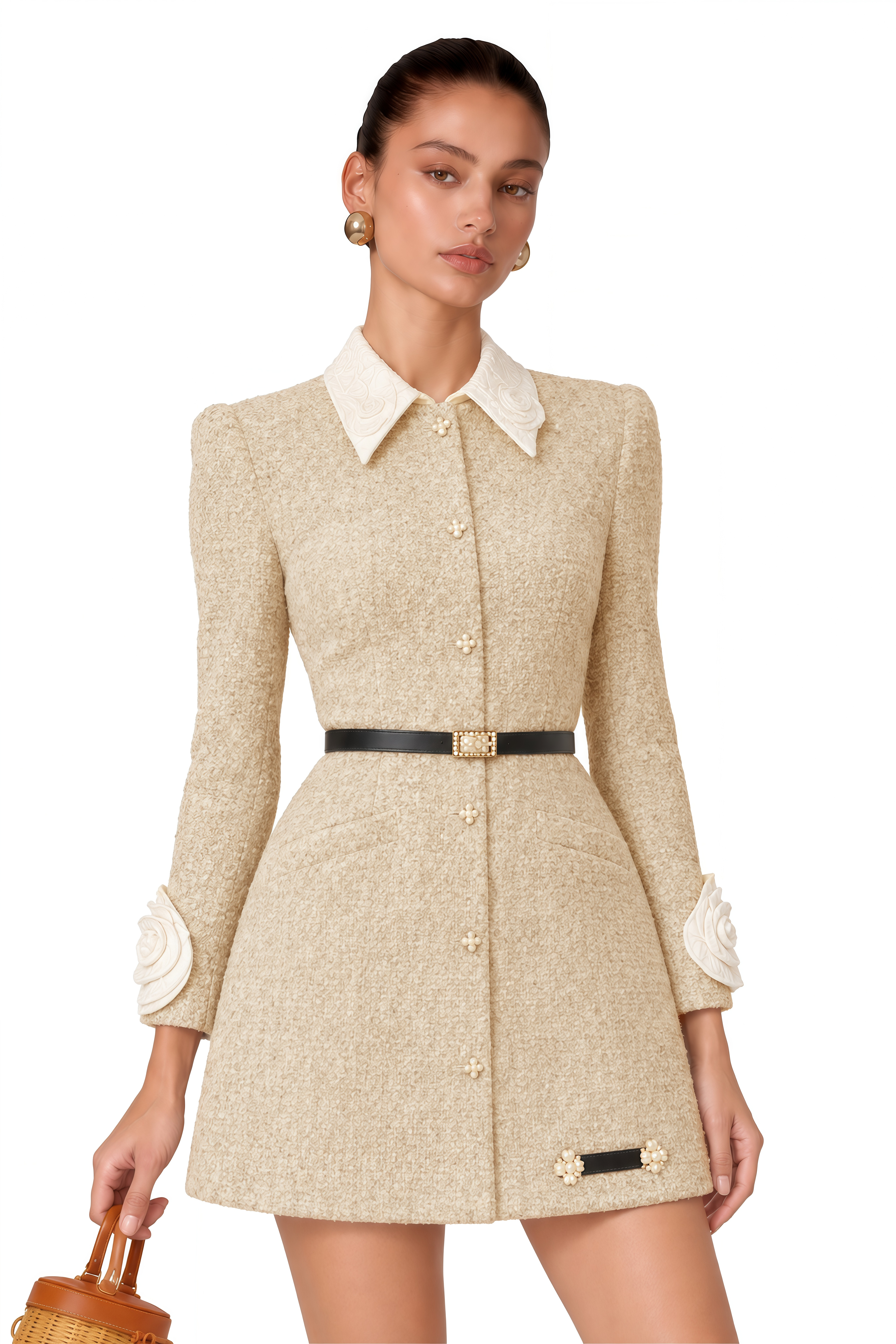 Elodie Neutral 3D Petal Tweed Mini Dress