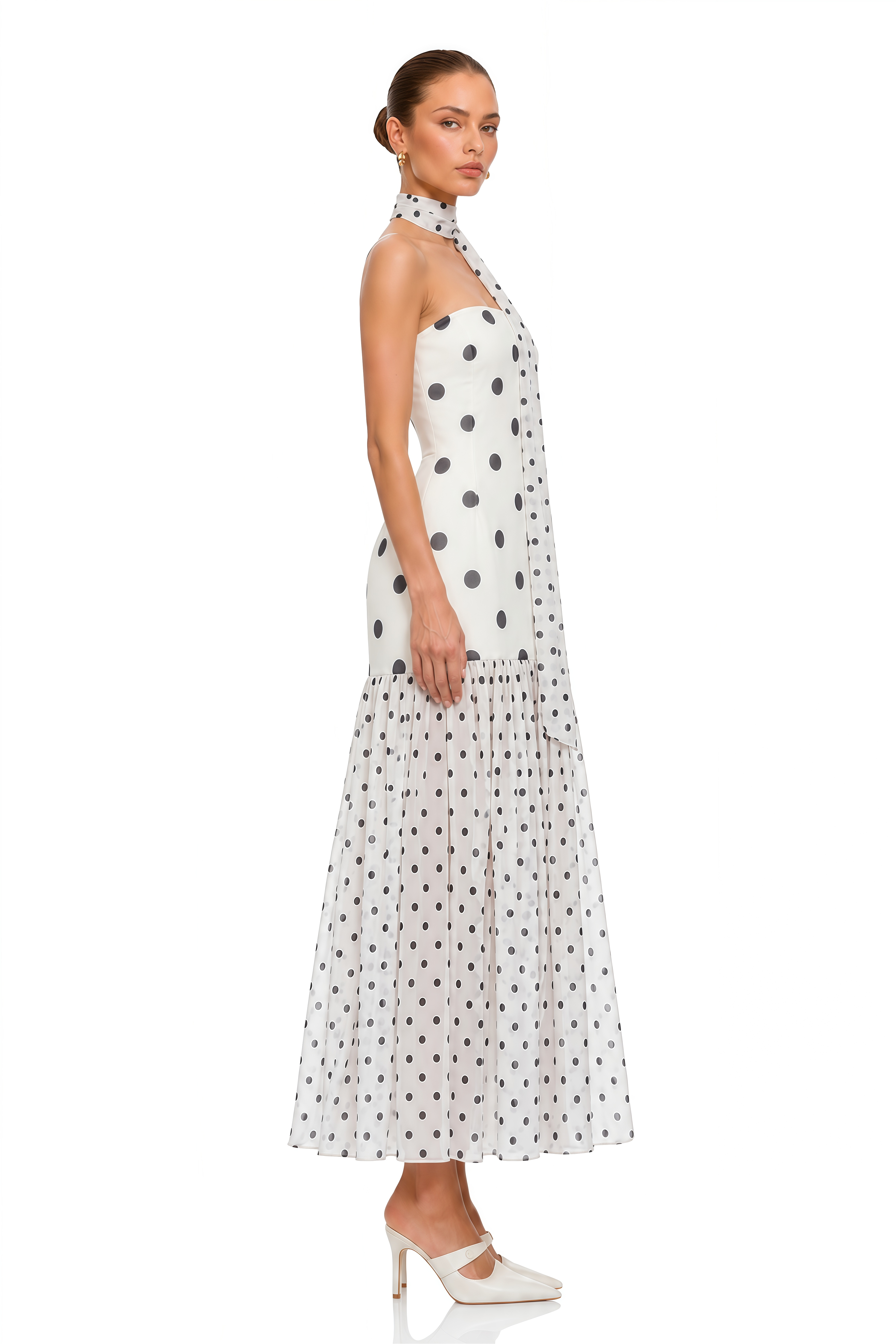 Mirela White Polka Dot Ruched Maxi Dress