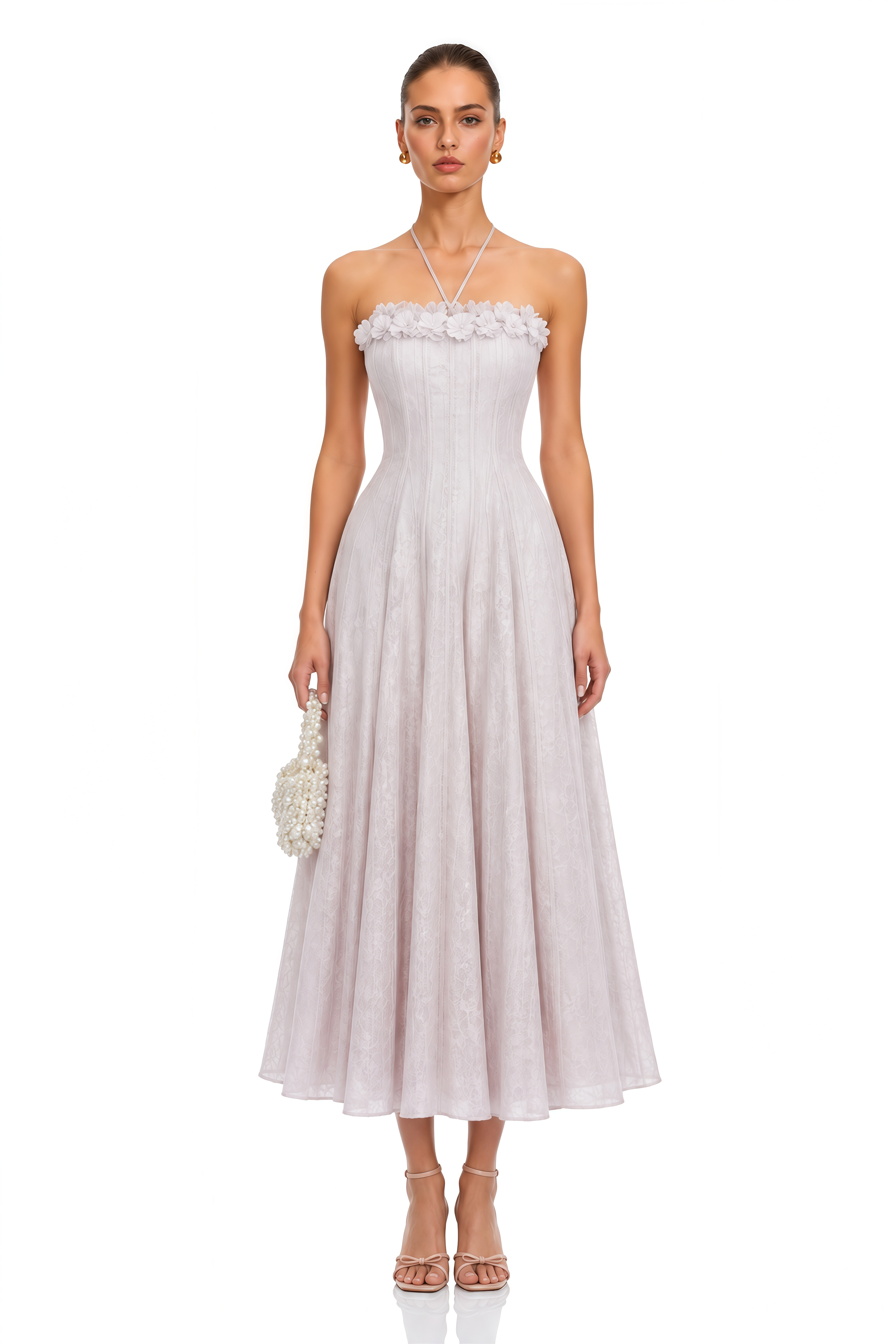 Emma Purple Halterneck 3D Floral Cinched Midi Dress