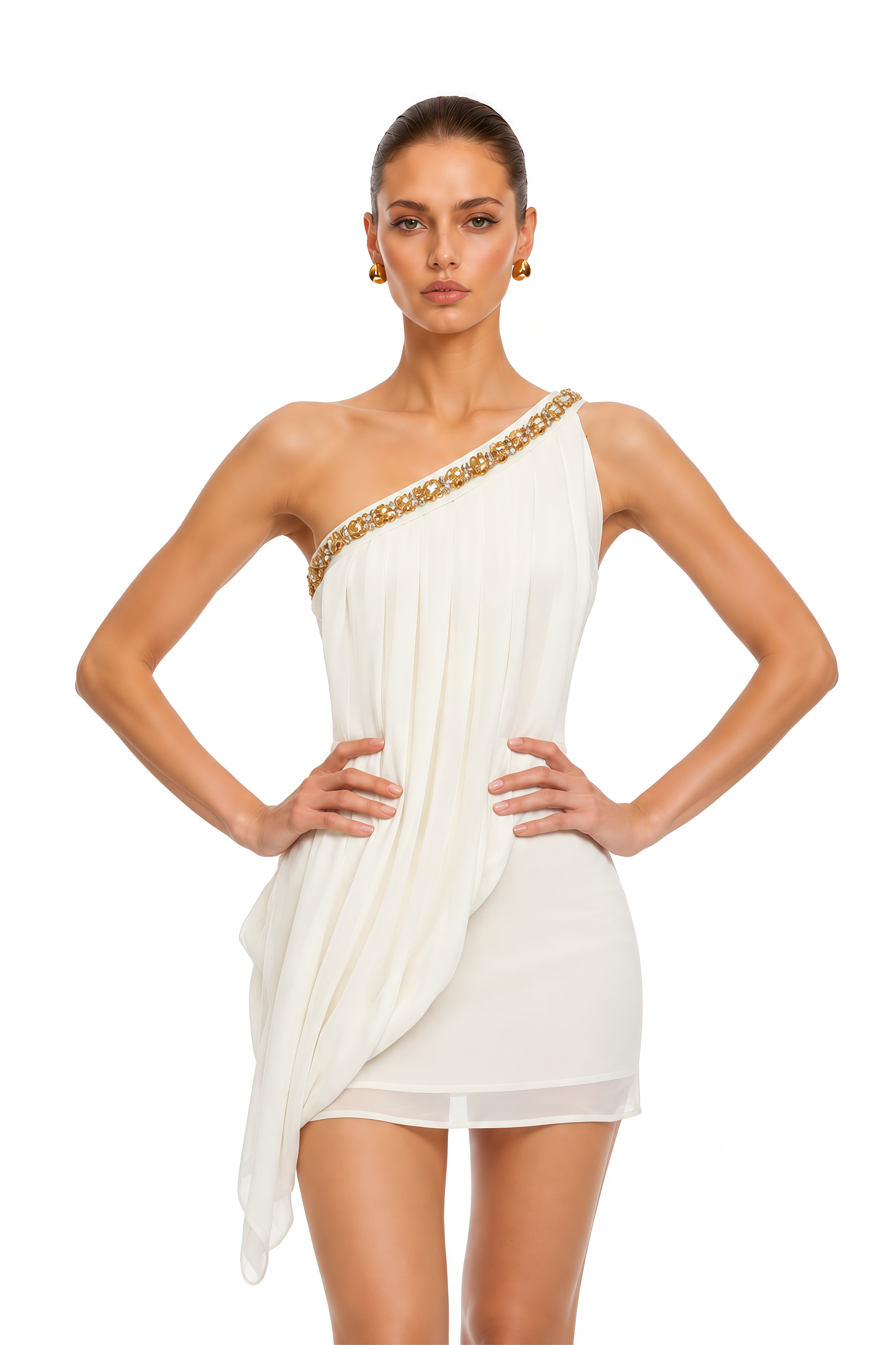 Ysabel Ivory Ruched Asymmetrical Mini Dress