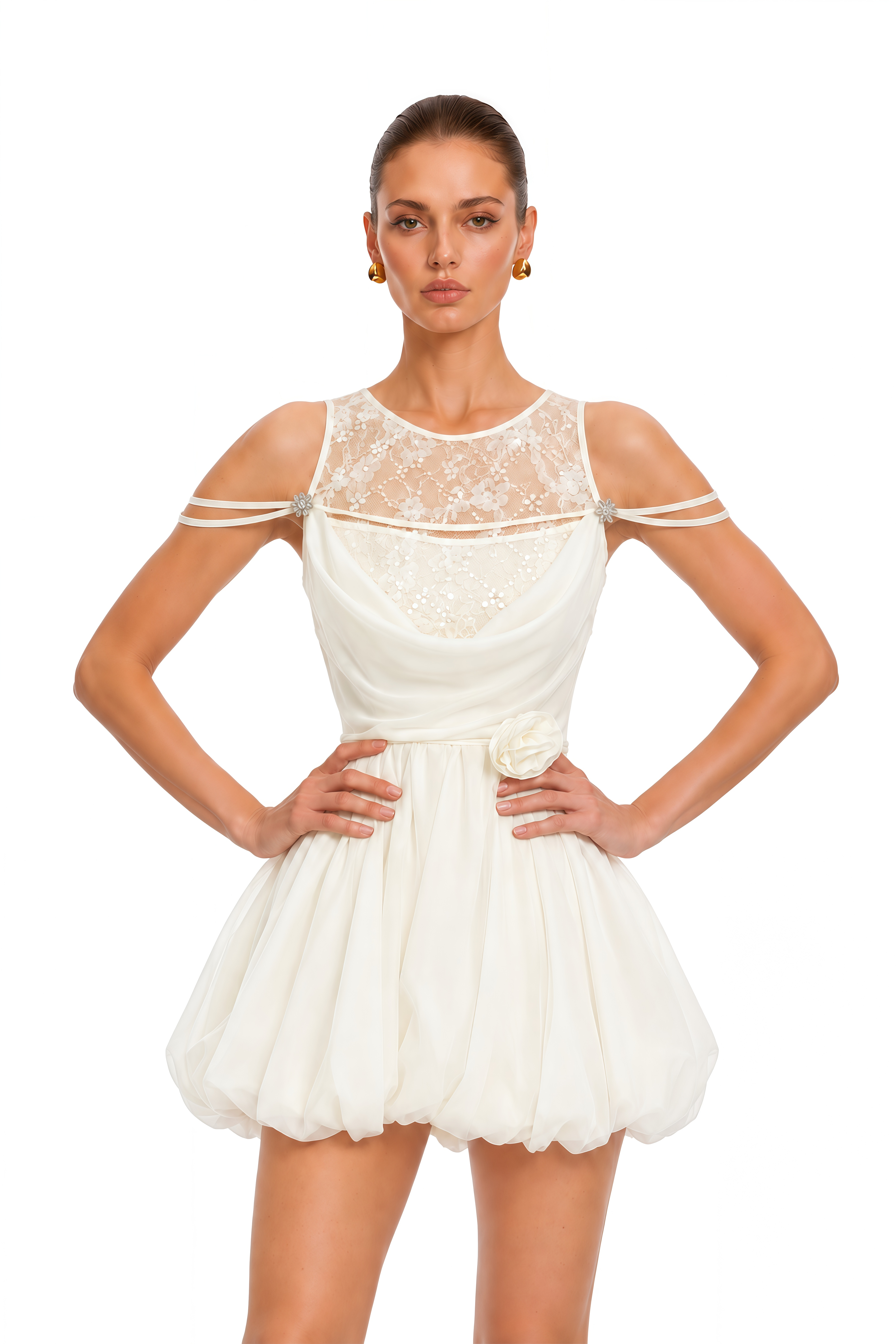Matilda White Lace Panel Puffball Mini Dress