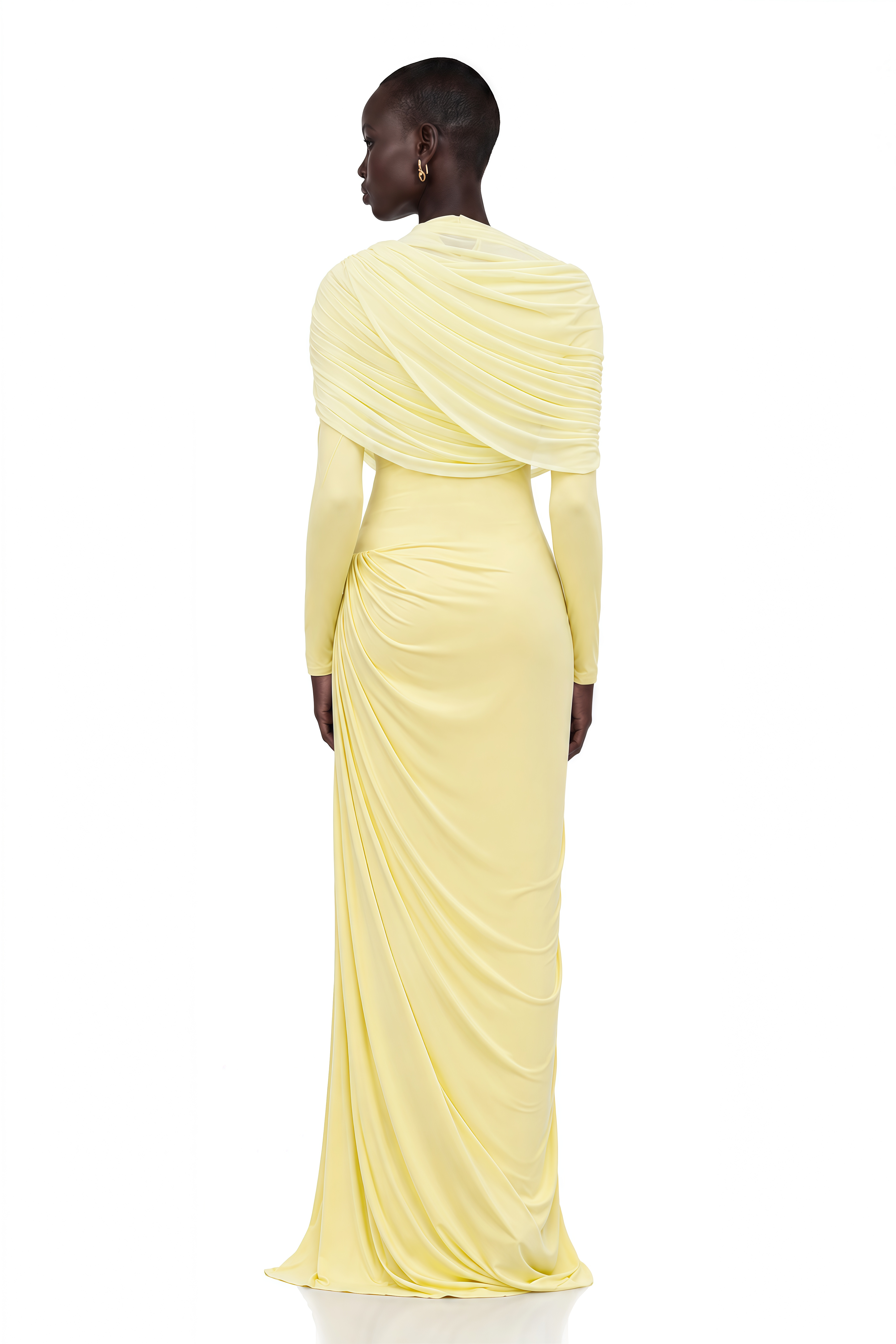 Catherine Yellow Asymmetrical Pleated Long-Sleeve Maxi Dress