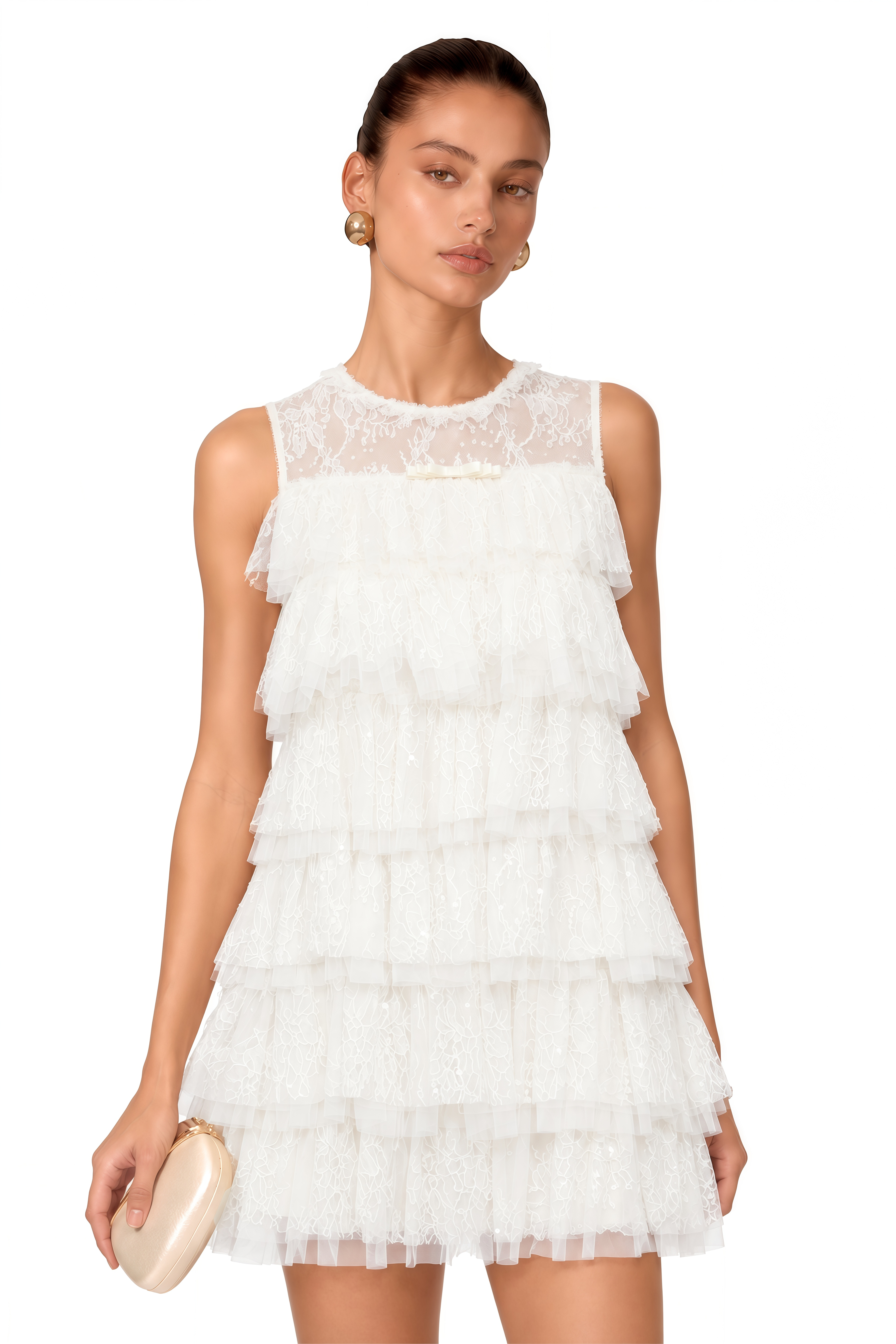 Chloe Neutral Tiered Textured Sleeveless Mini Dress