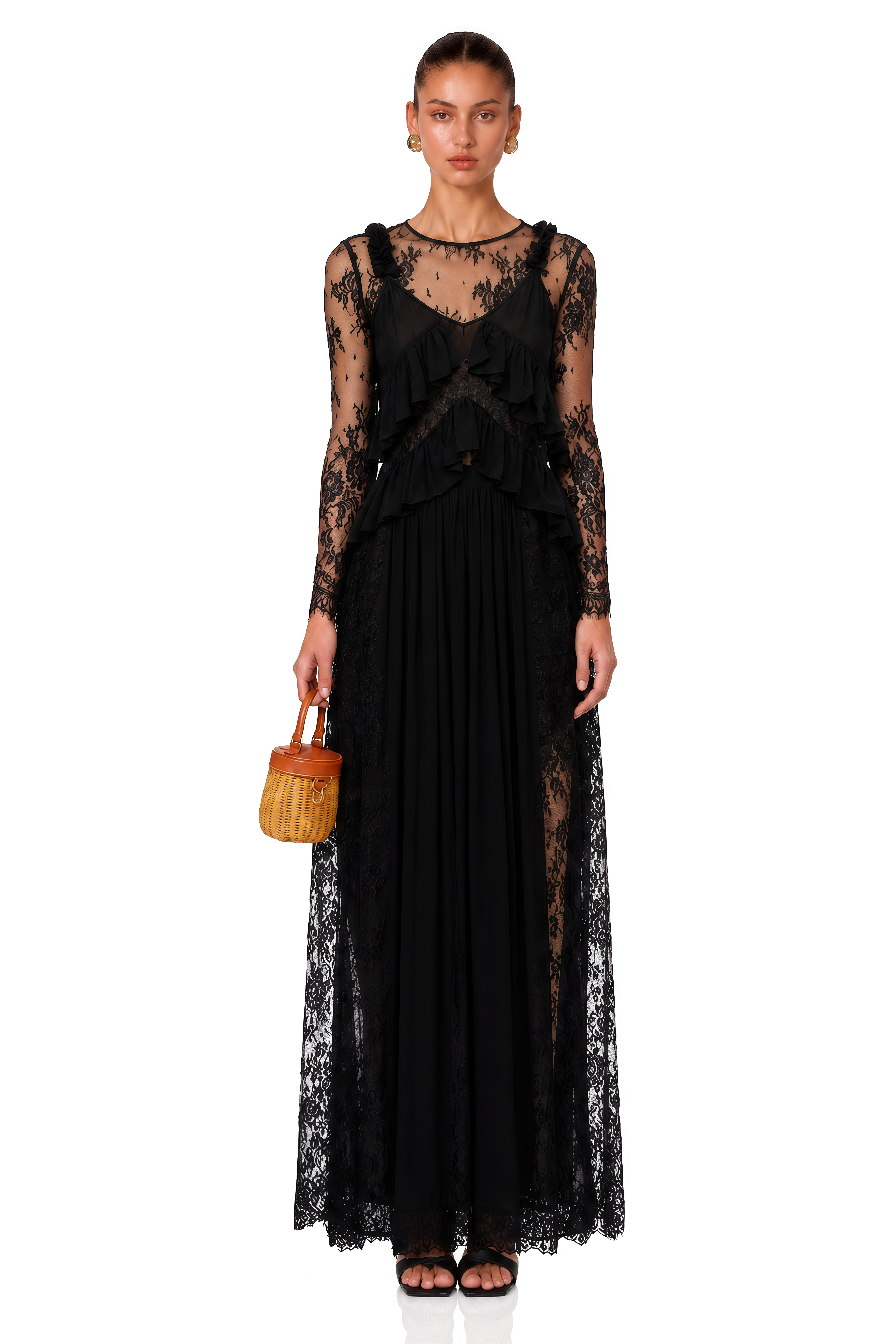 Vivian Black Sheer Lace Long Sleeves Ruffled Maxi Dress