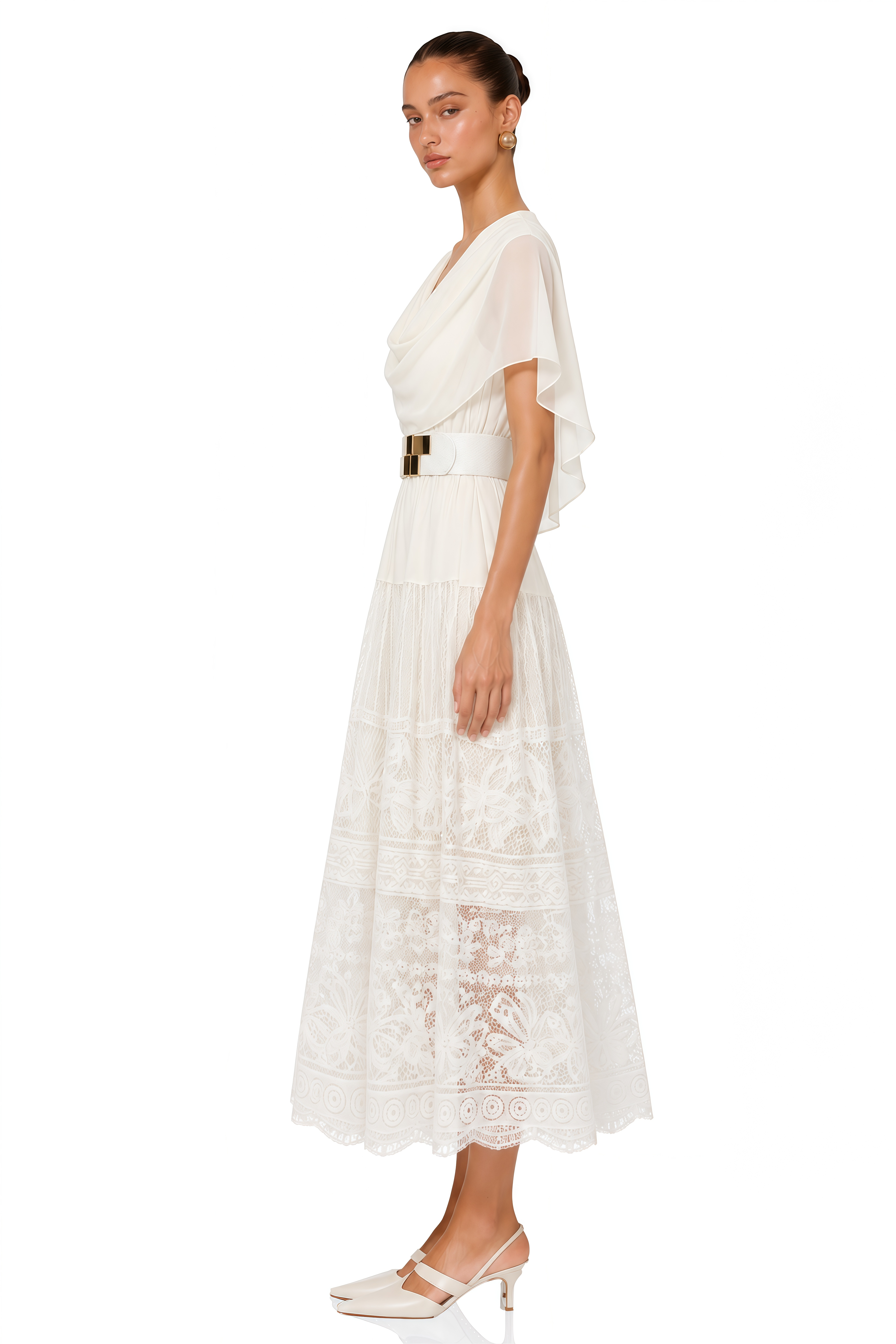 Yolaine White Cowl Neck Midi Dress with Lace Panels