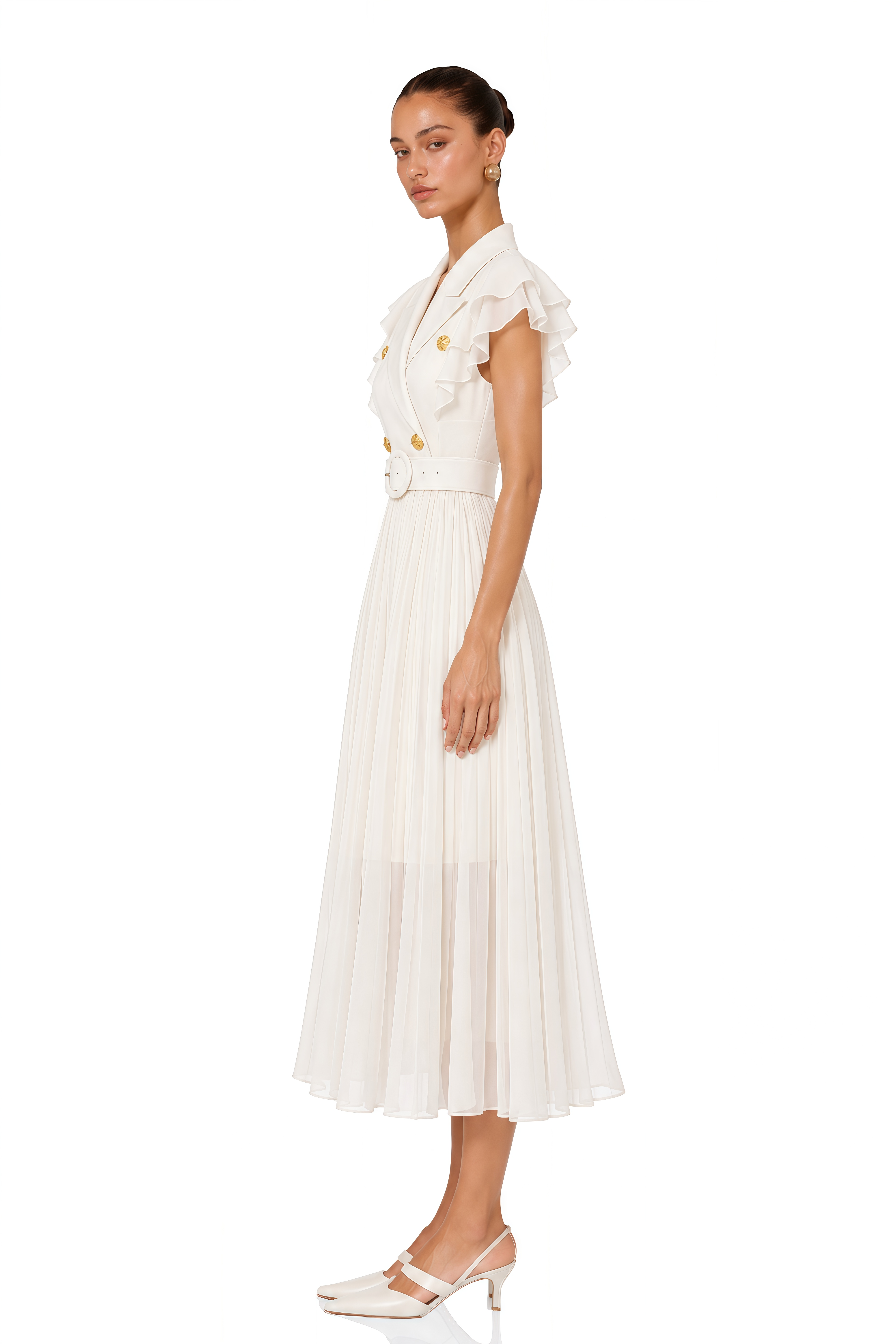 Prunelle Neutral Ruffled Pleated Maxi Dress