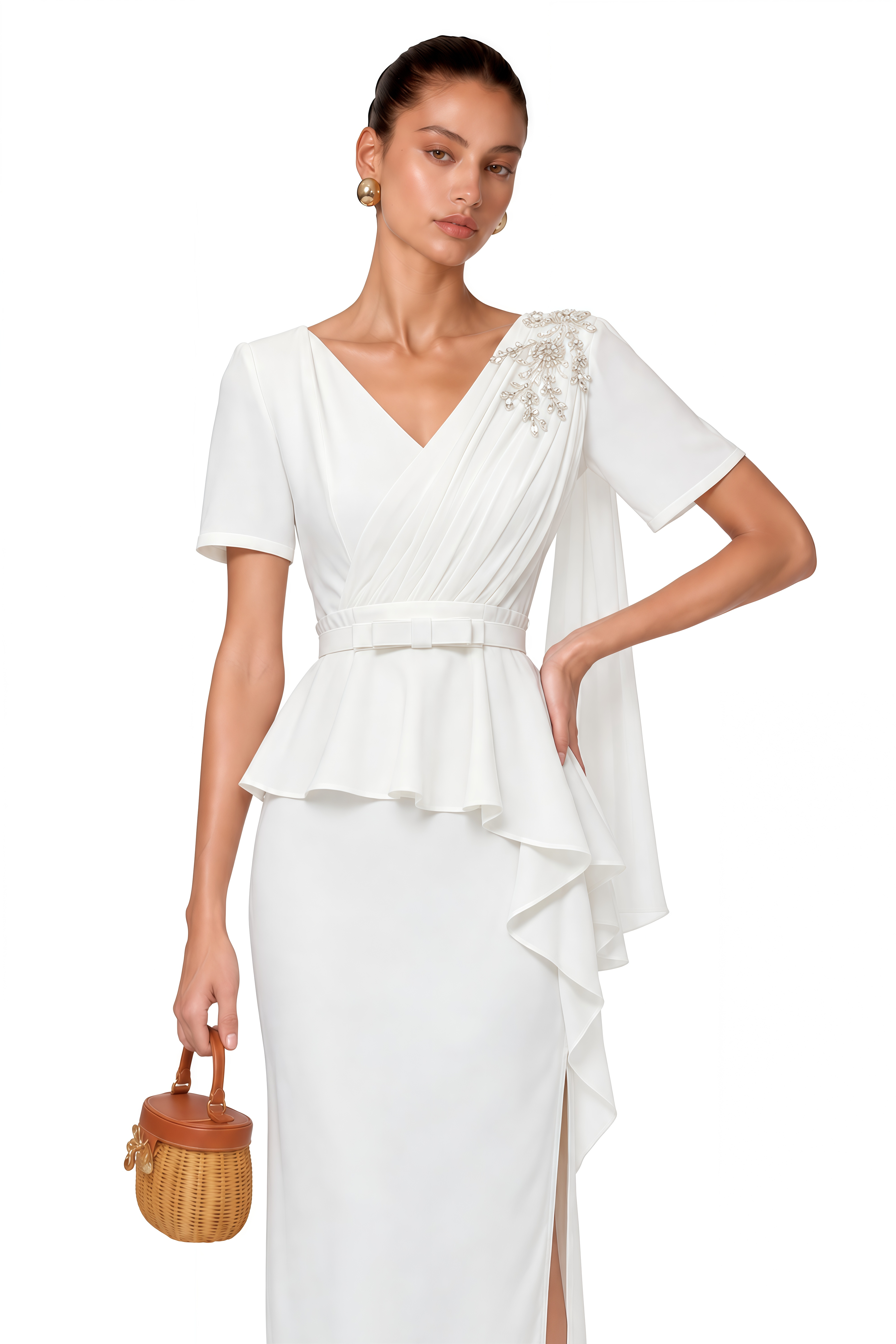 Garance White Belted Midi Dress with Cape Sleeves