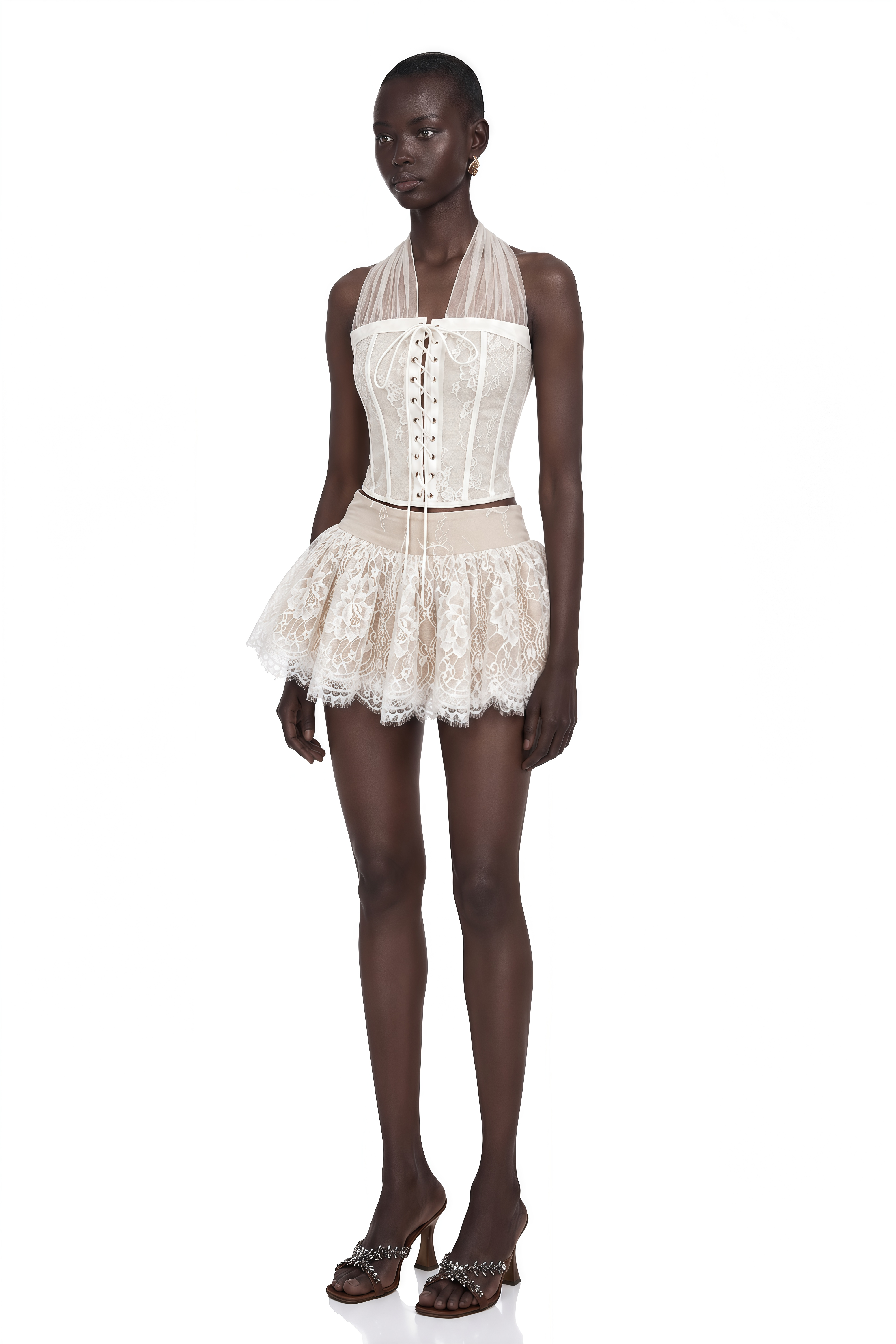 Lois Cream Halterneck Lace Ruffled Top & Skirt Set