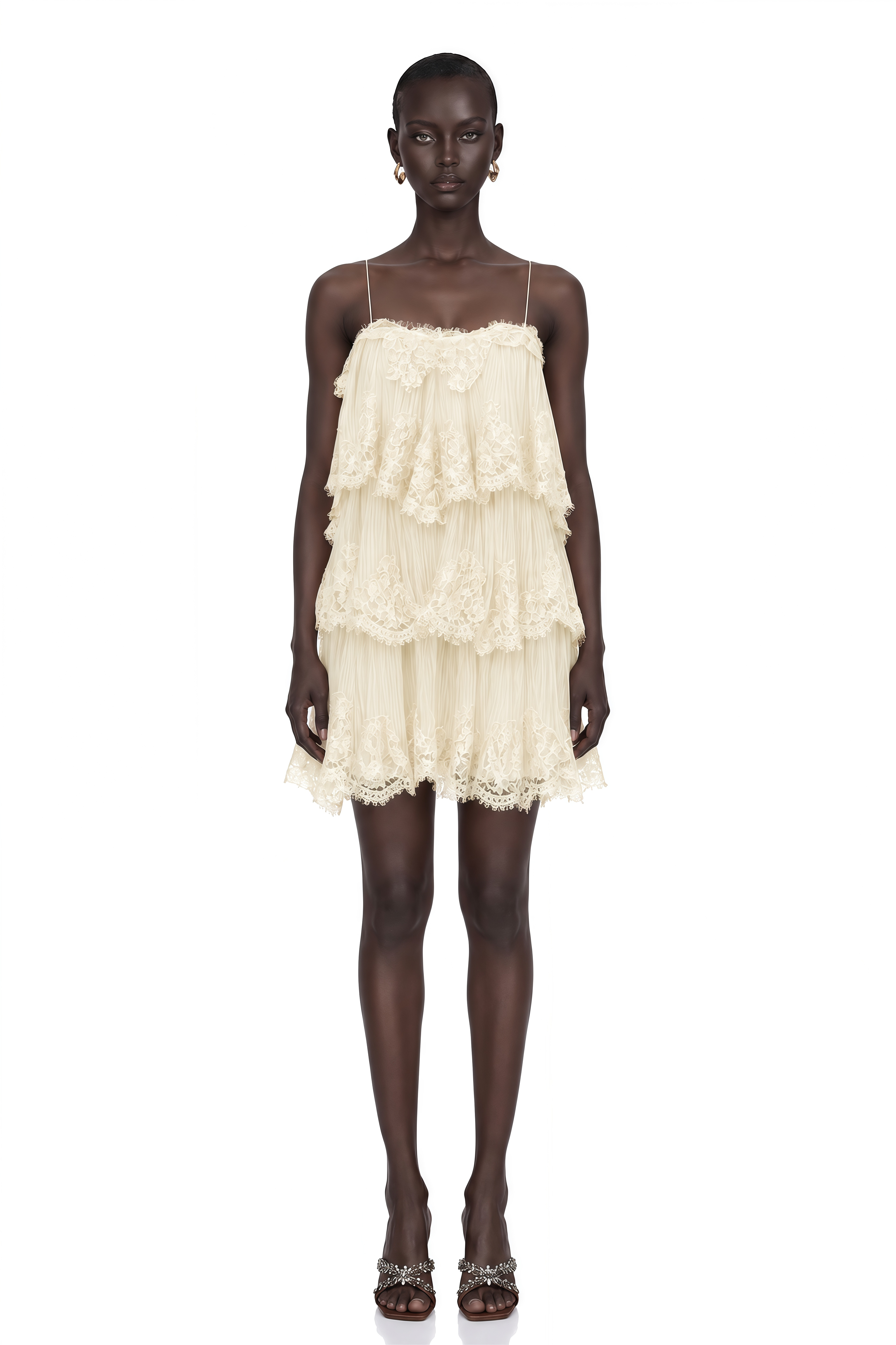 Rachel Beige Tiered Mini Dress with Lace Trim